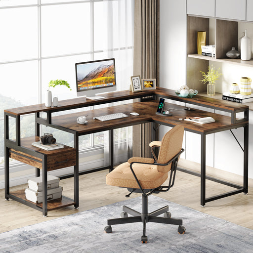 Reversible L-Shaped Desk, 68" Corner Desk with Power Outlets, Monitor Stand & Drawer Tribesigns