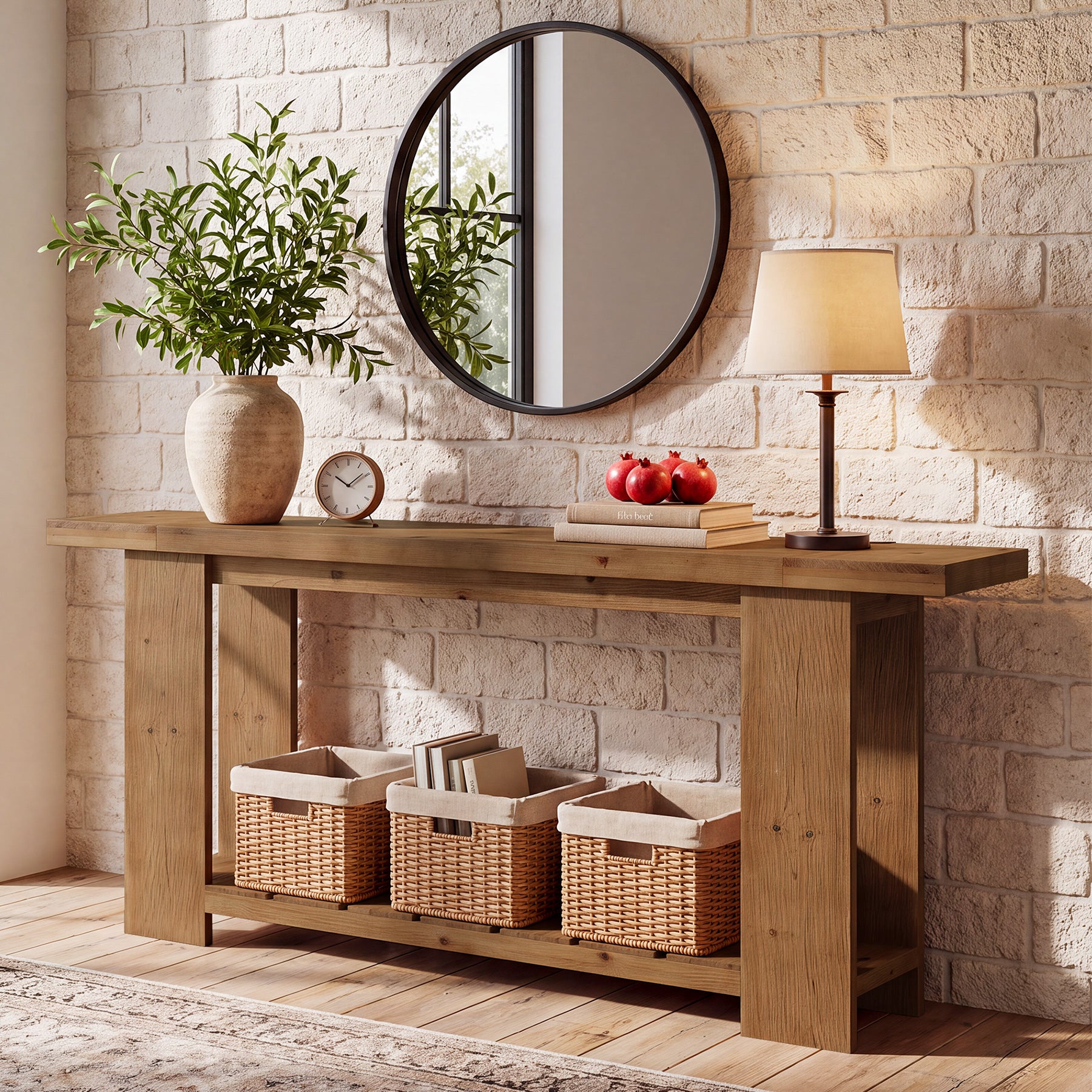 79" Solid Wood Console Table, Farmhouse Sofa Entryway Table with 2-Tier Storage