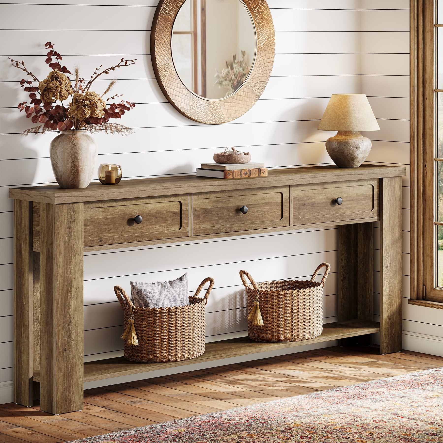 70.9" Extra-Long Console Table with 3 Drawers, Narrow Farmhouse Entryway Sofa Table with Shelf for Hallway or Behind Couch