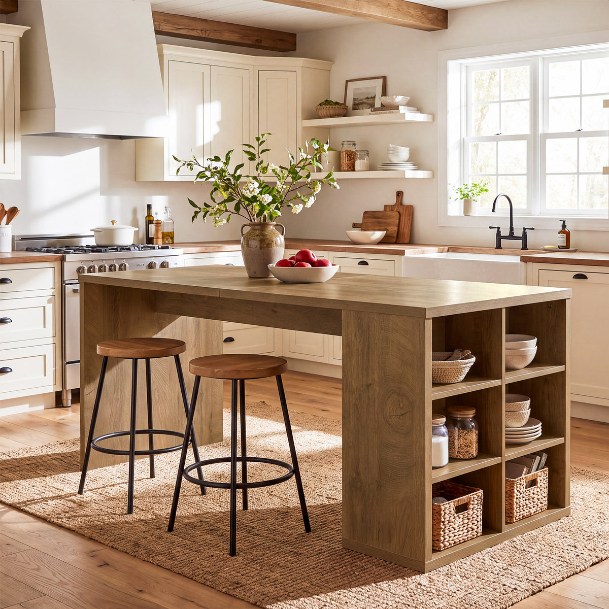 63" Kitchen Island, Rectangular Stationary Storage Island Table with Open-Sided Shelves