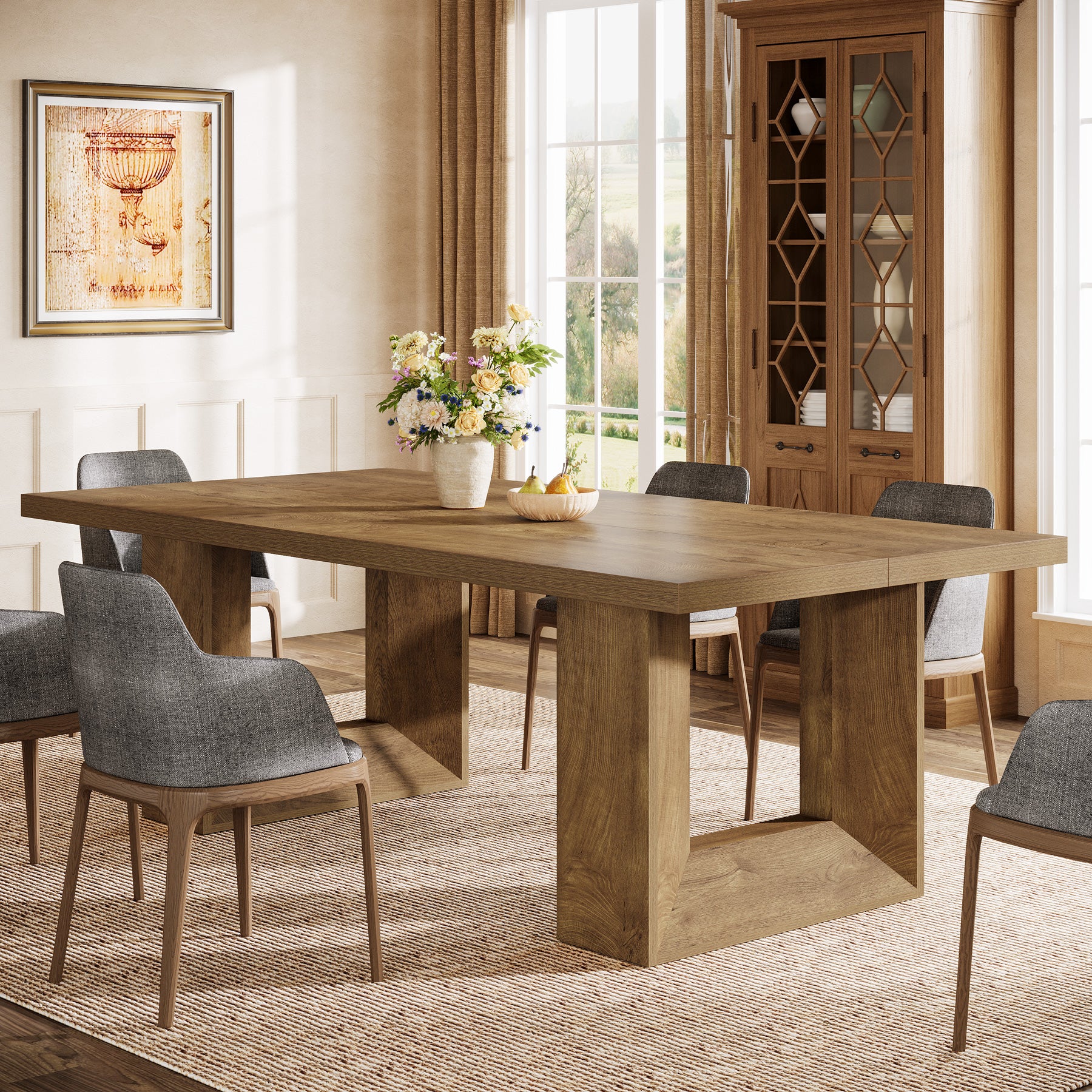 Rectangle Dining Table for 6-8, 63" Kitchen Table with Geometric Frame