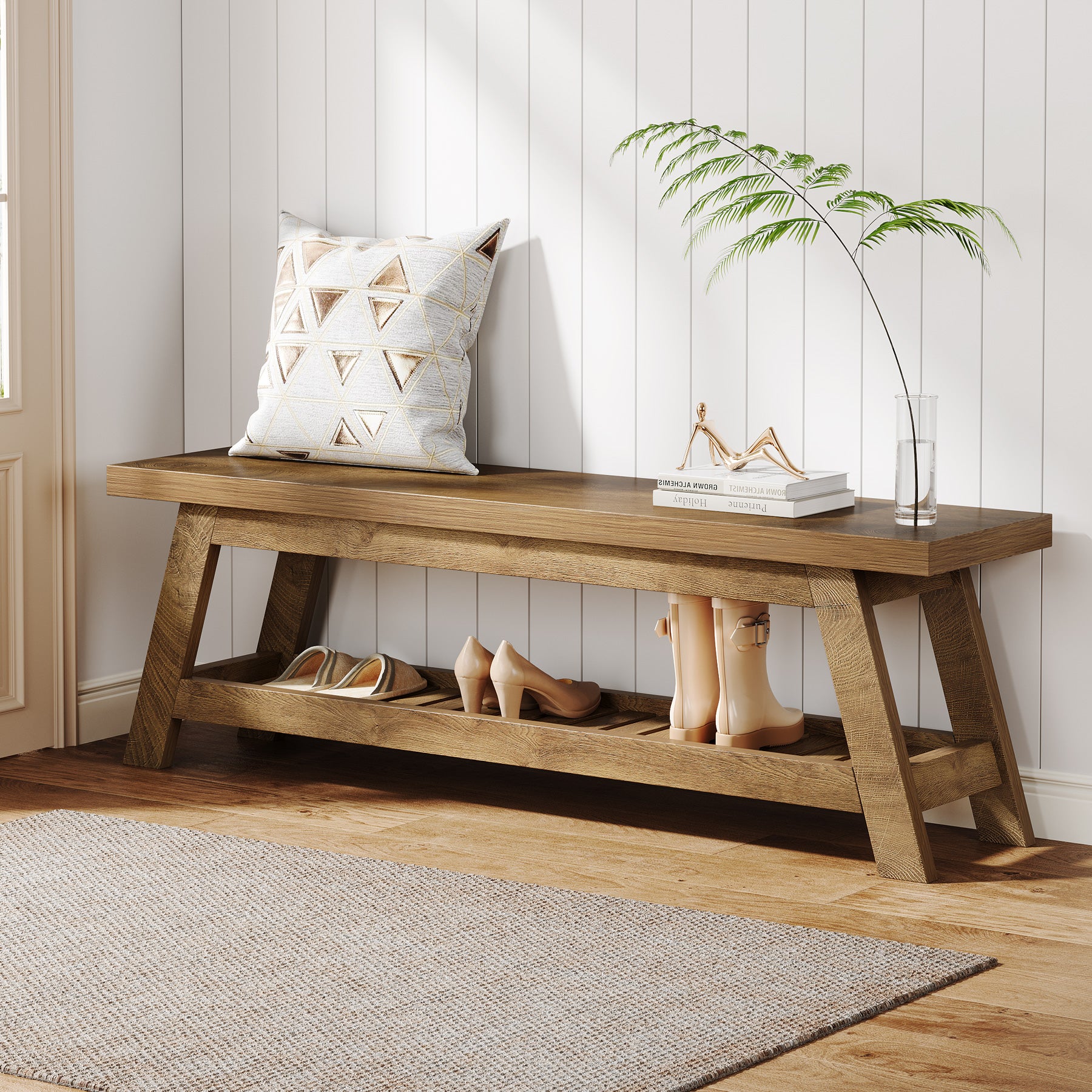 55" Entryway Bench, 2-Tier Foyer Seating Bench with Shoe Storage