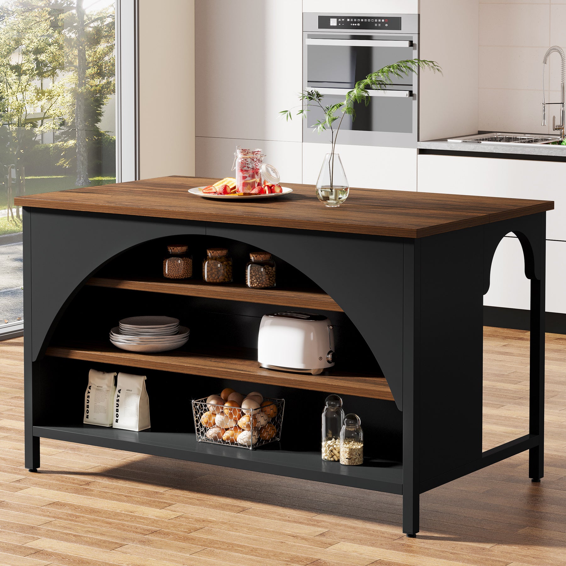 Kitchen Island with 3 Storage Shelves, 55" Kitchen Shelf with Large Countertop