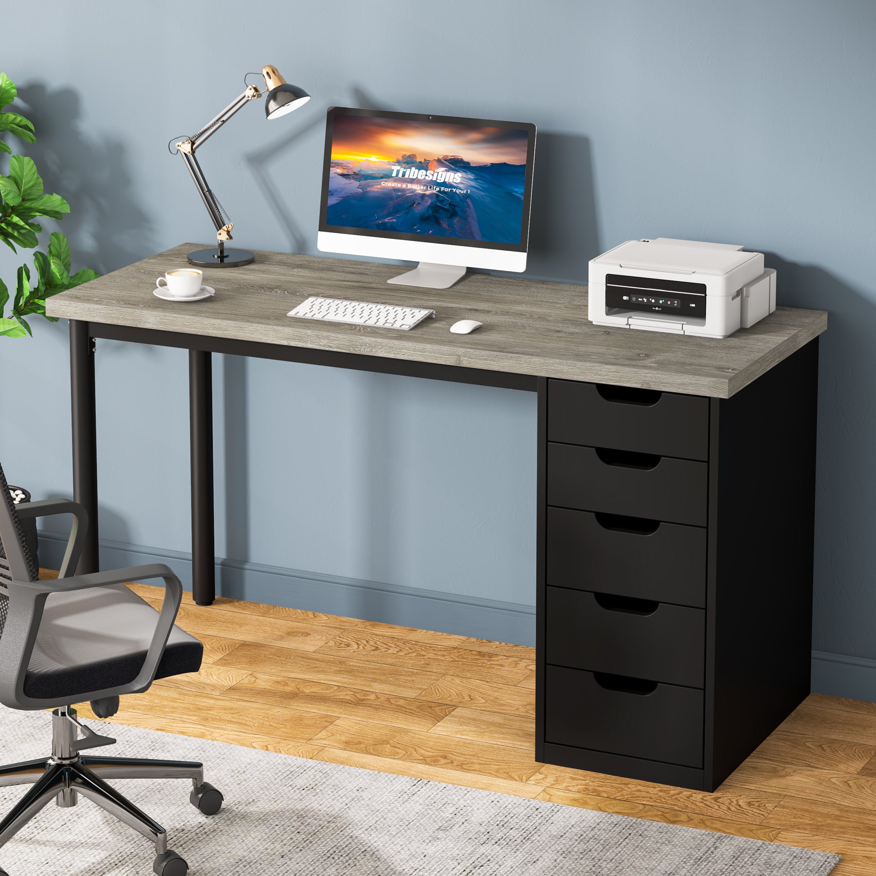 47" Computer Desk with 5 Drawers, Modern Study Table Writing Desk