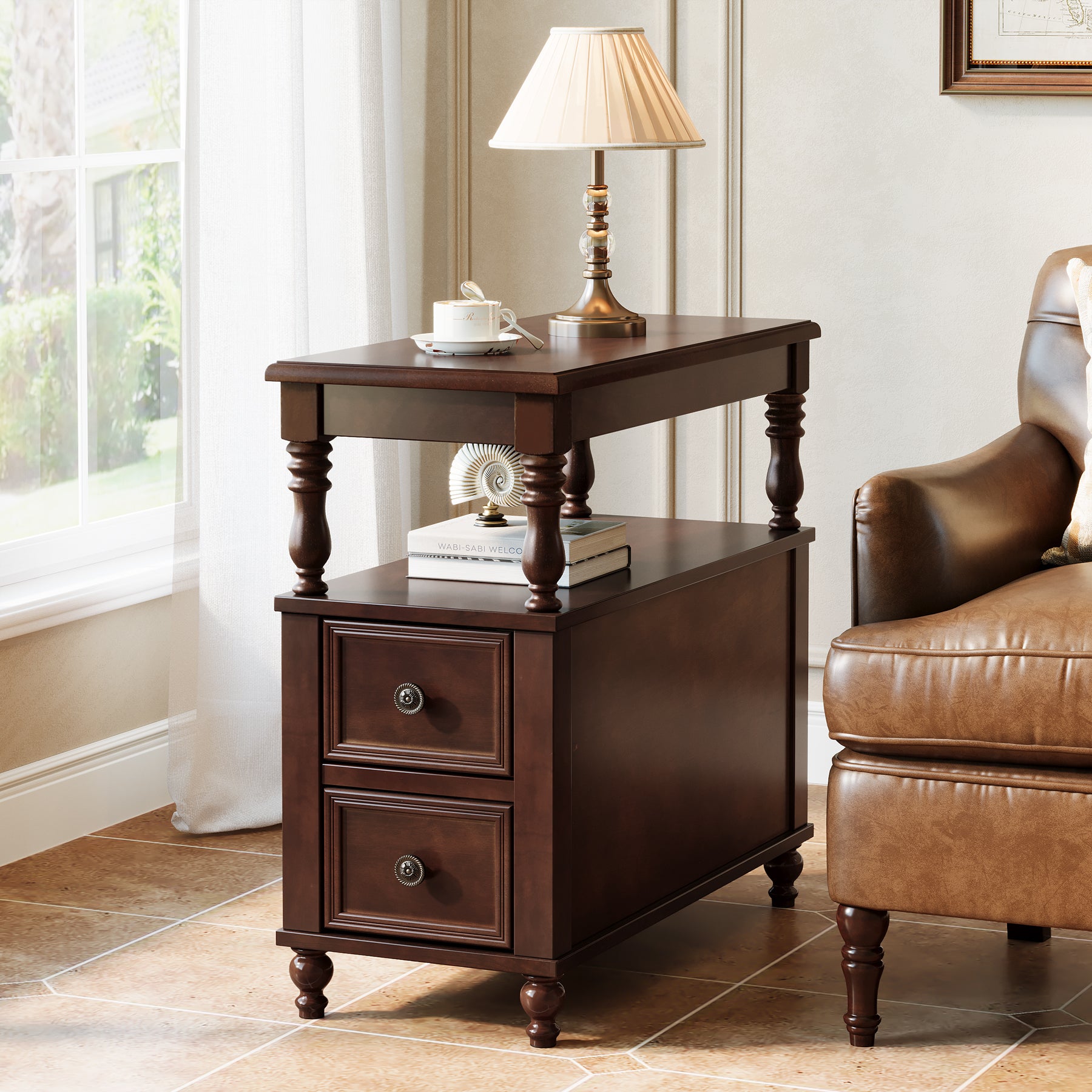 23.6" End Table, Solid Wood Accent Nightstand Bedside Table with Double Drawer