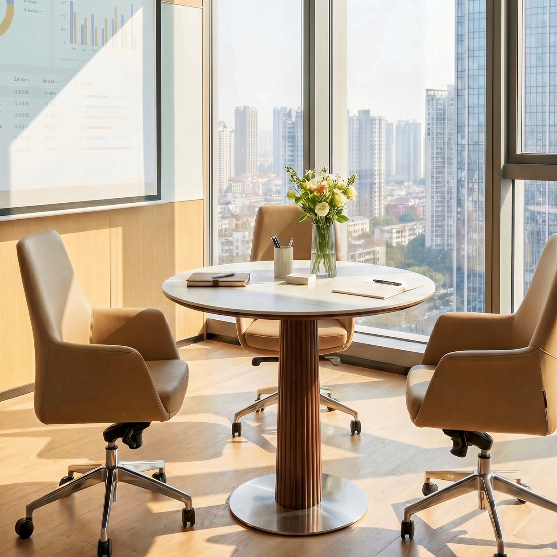 31.5" Conference Table for 2-4, Round Meeting Room Table with Sintered Stone Tabletop