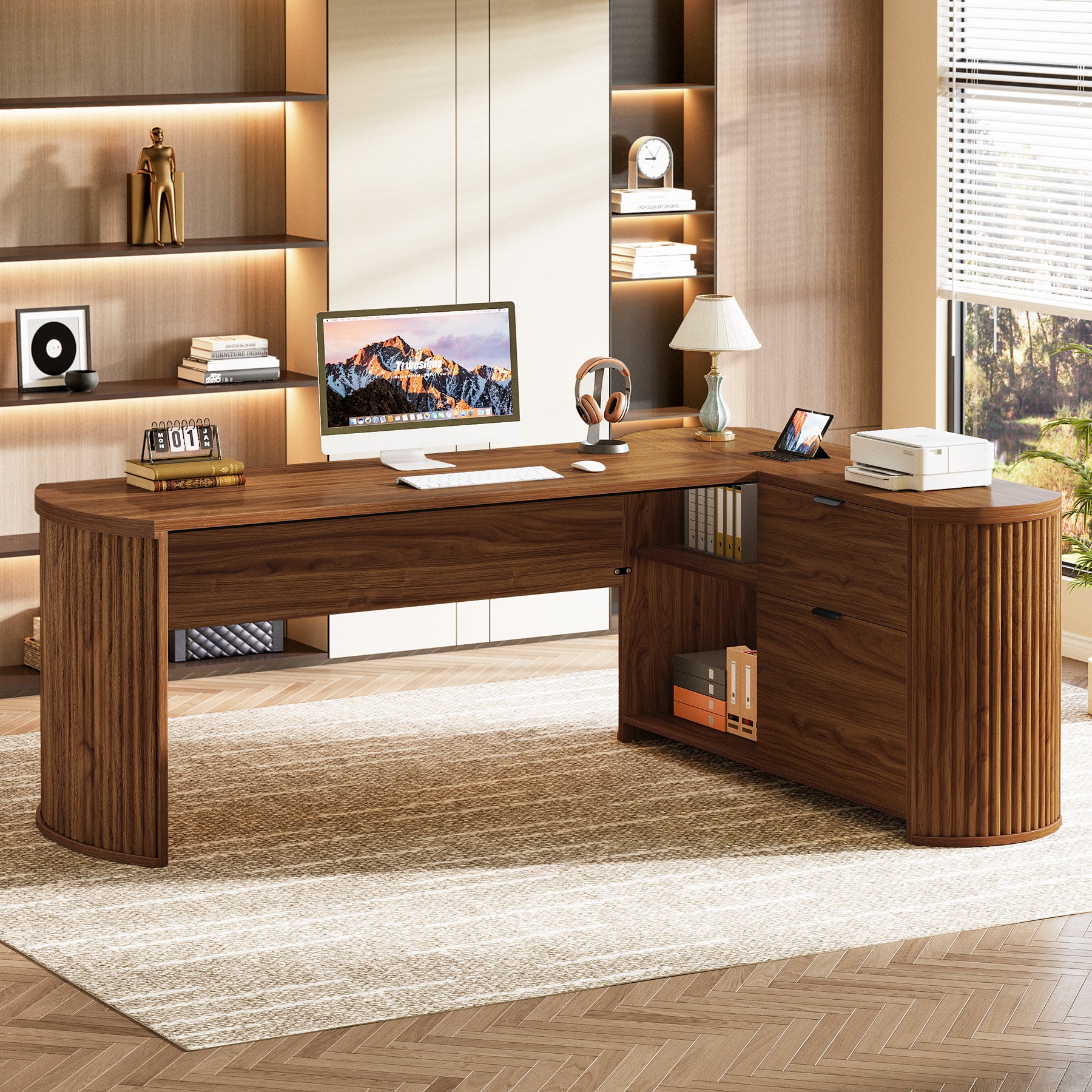 79" L-Shaped Executive Desk, Large Computer Desk with File Drawers