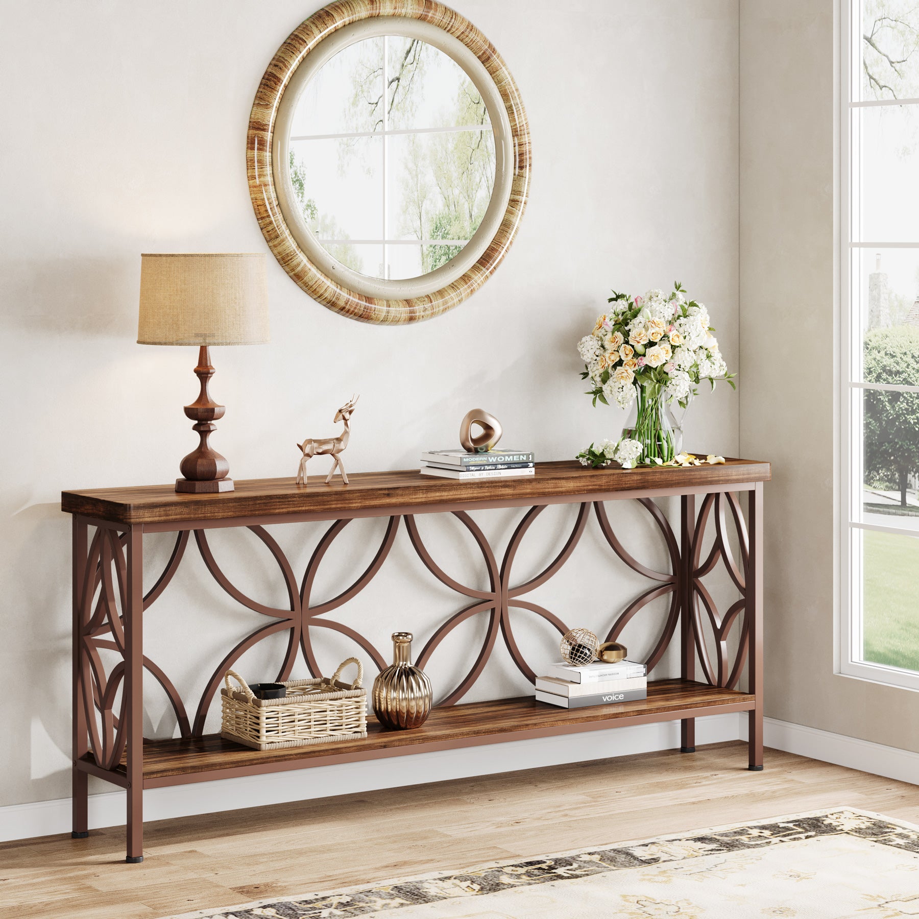 70.9" Sofa Table, 2-Tier Industrial Console Table Behind Couch