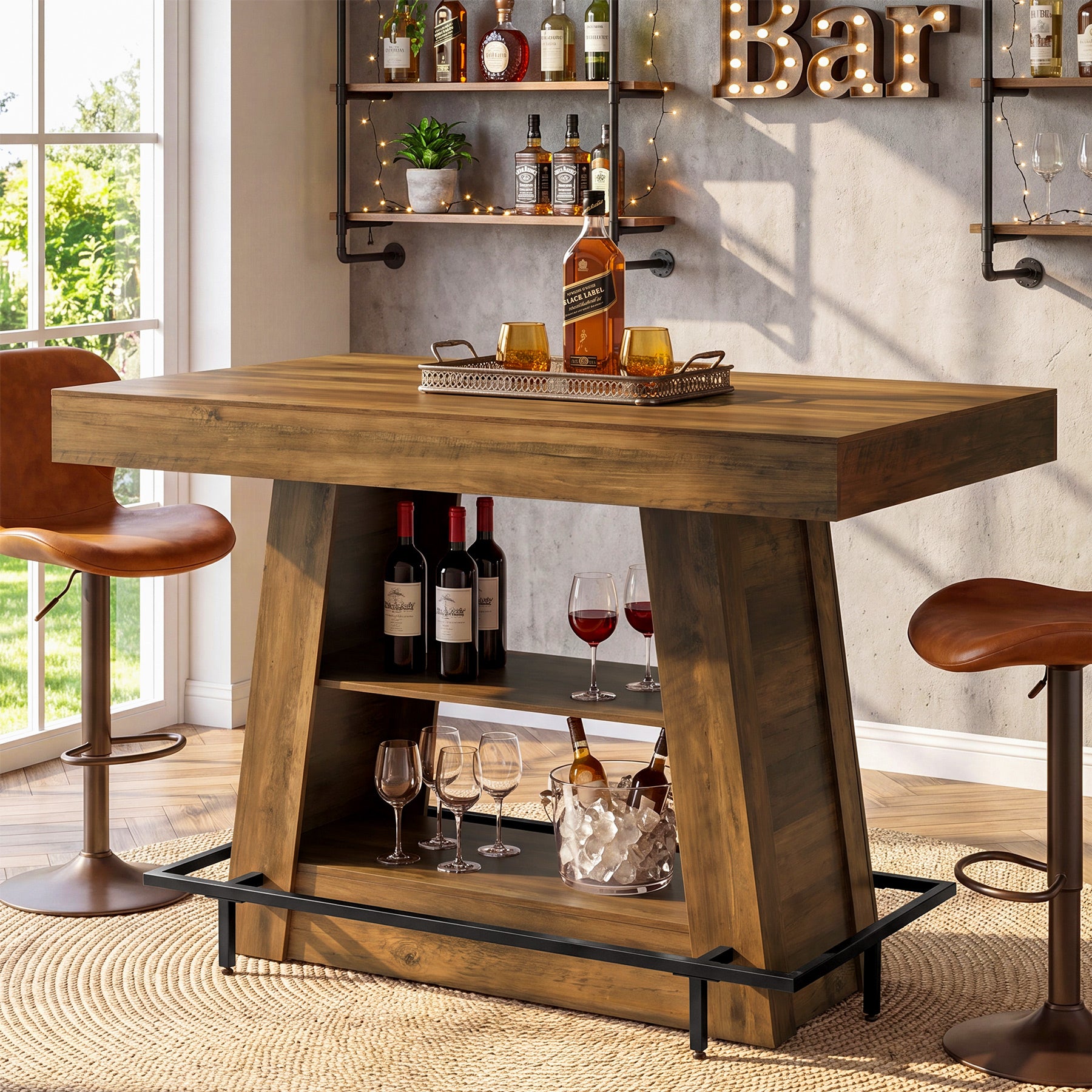 47.2" Rectangular Bar Table, Counter Height Bistro Table with 2-Tier Open Storage Shelves