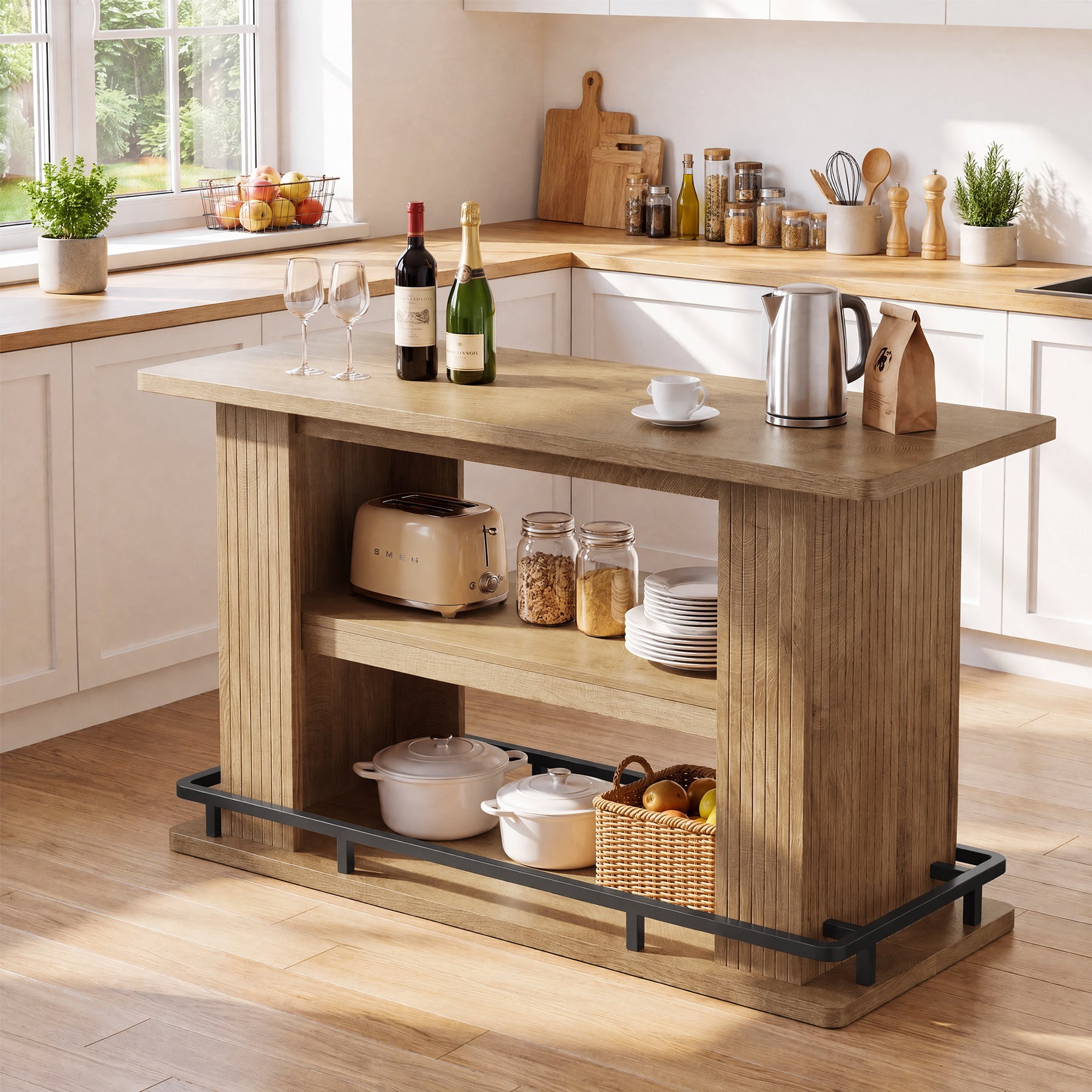 63" Kitchen Island, Stationary Island Table with Shelves & Metal Footrest for Kitchen