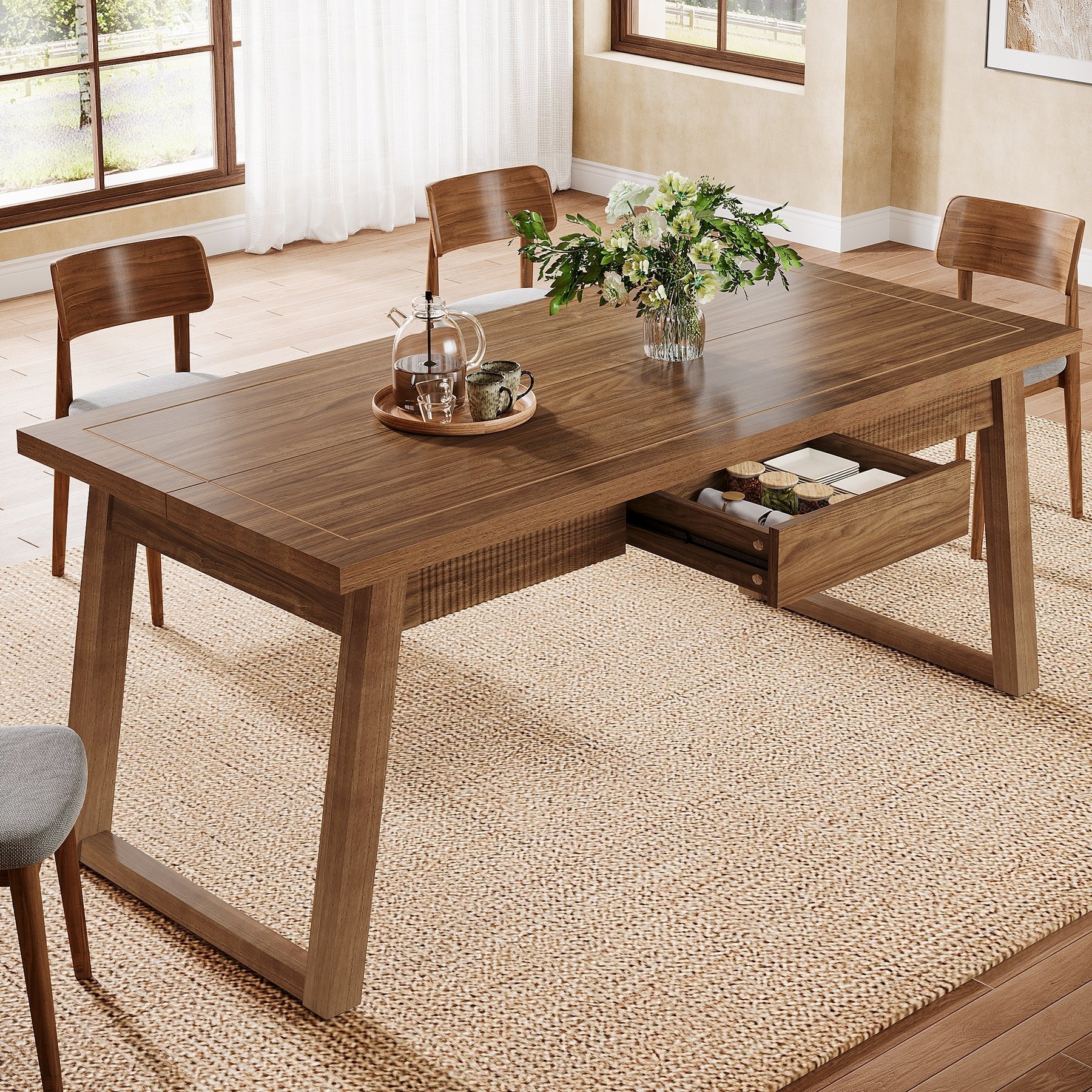 55" Rectangular Dining Table with Drawer & Solid Wood Legs for 4-6