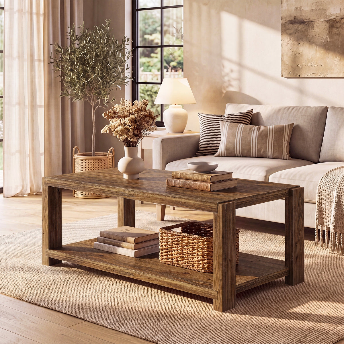 47" Farmhouse Solid Wood Coffee Table, Rectangular Cocktail Table with 2-Tier Open Shelf