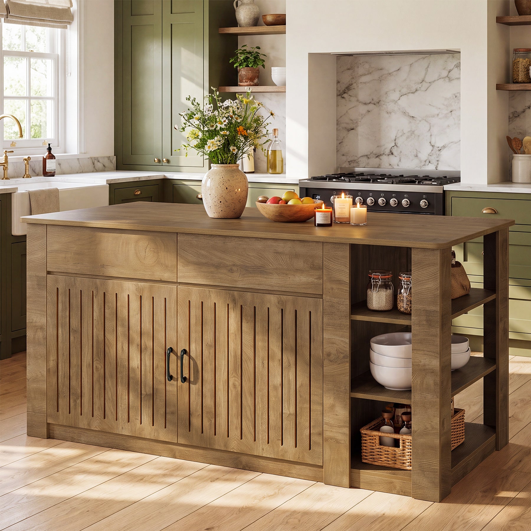 71" Large Kitchen Island with Storage & Seating, Farmhouse Island Table, Prep & Coffee Bar