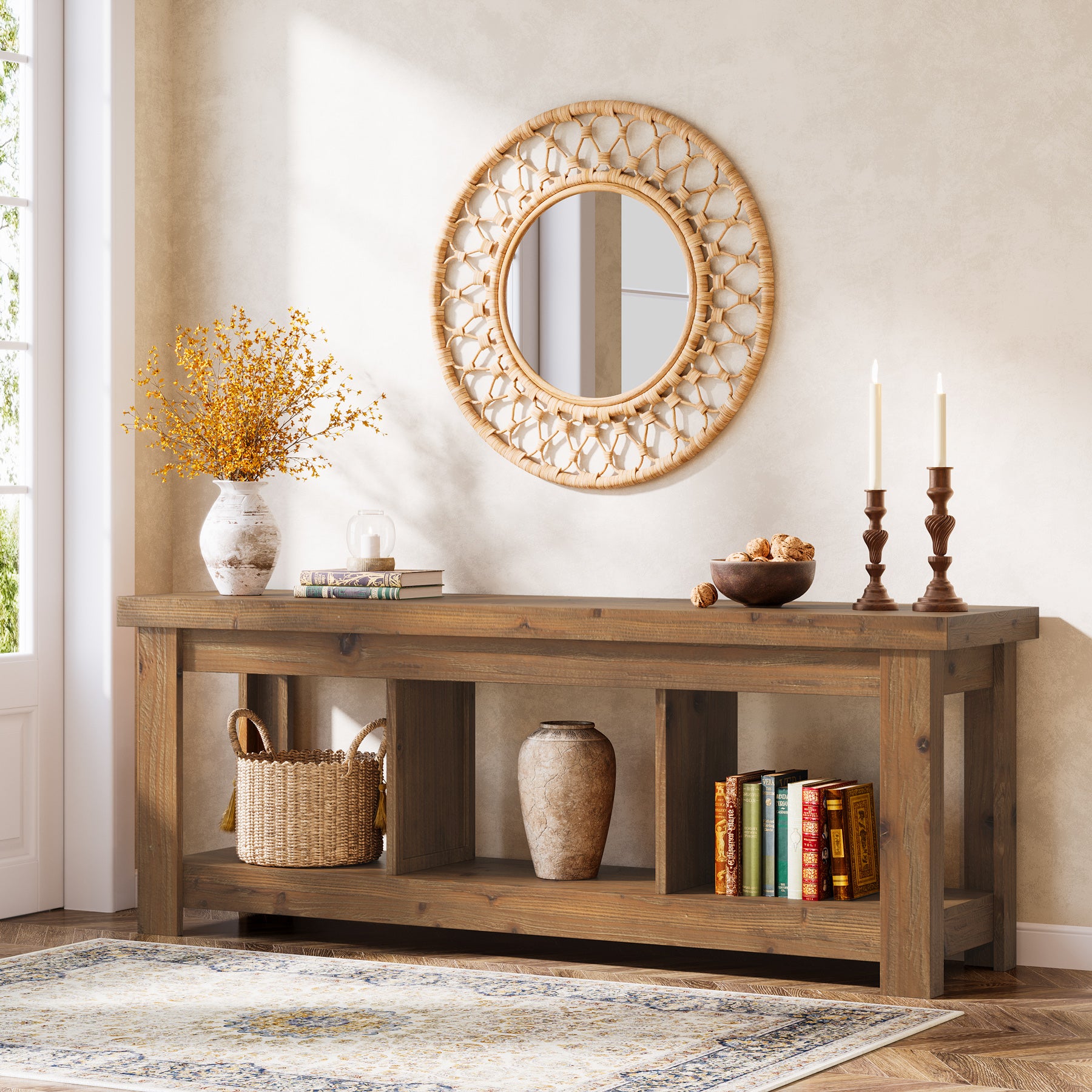 Solid Wood Console Table, 63" Sofa Entryway Table With 3 Open Shelves