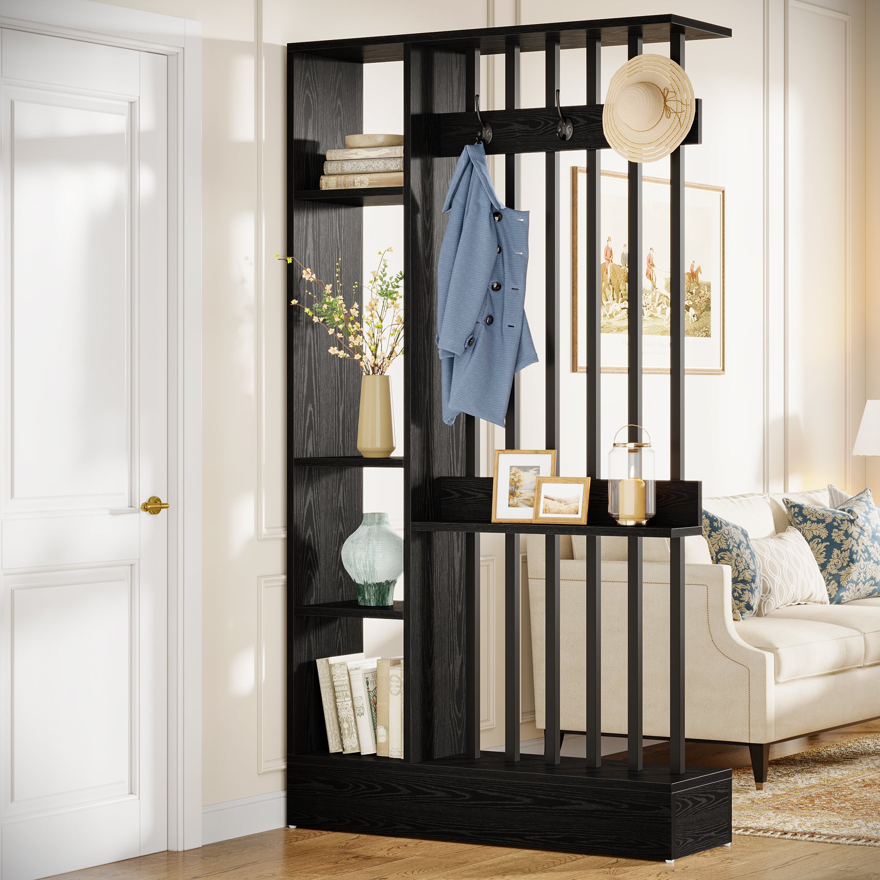 71" Wall Room Divider, Wood Freestanding Wall Partition Bookcase with Coat Hooks