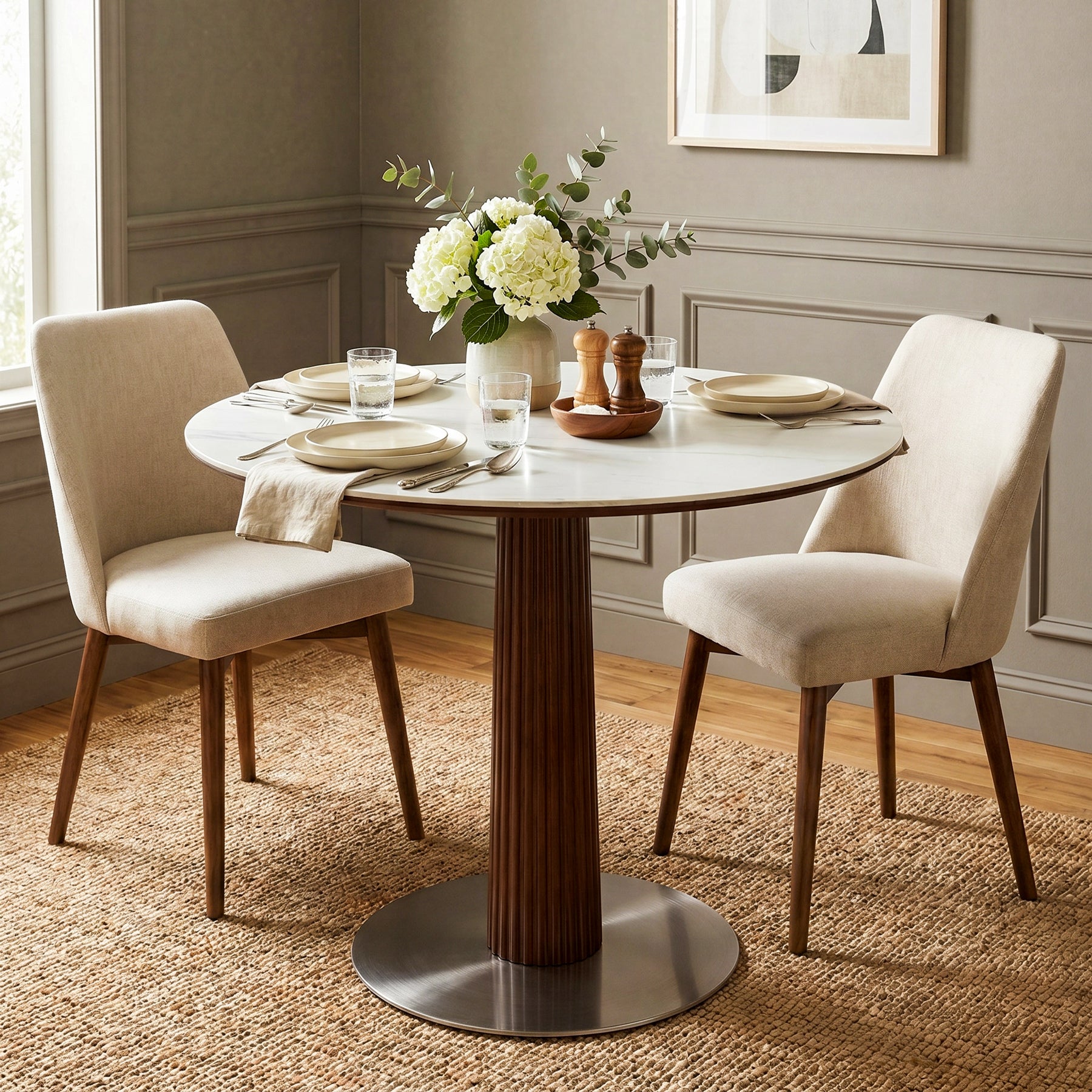Round Dining Table, 31.5" Kitchen Table with Sintered Stone Tabletop & Steel Pedestal Base