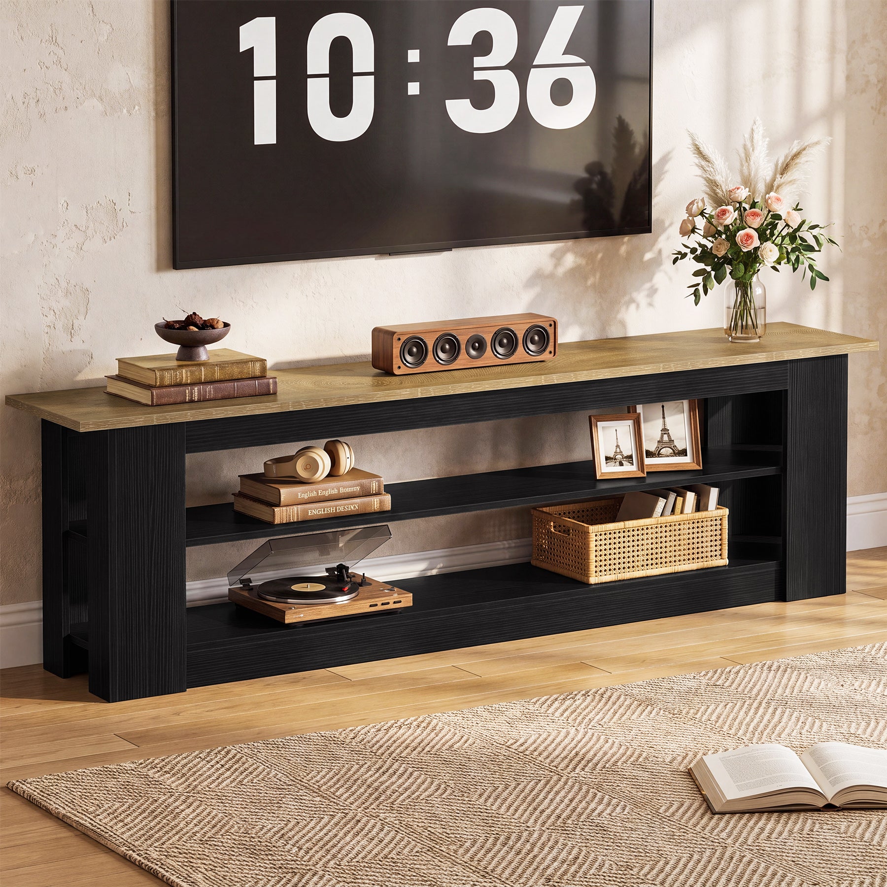 70.87" TV Stand for TVs up to 80", Farmhouse Entertainment Center with Storage Shelves