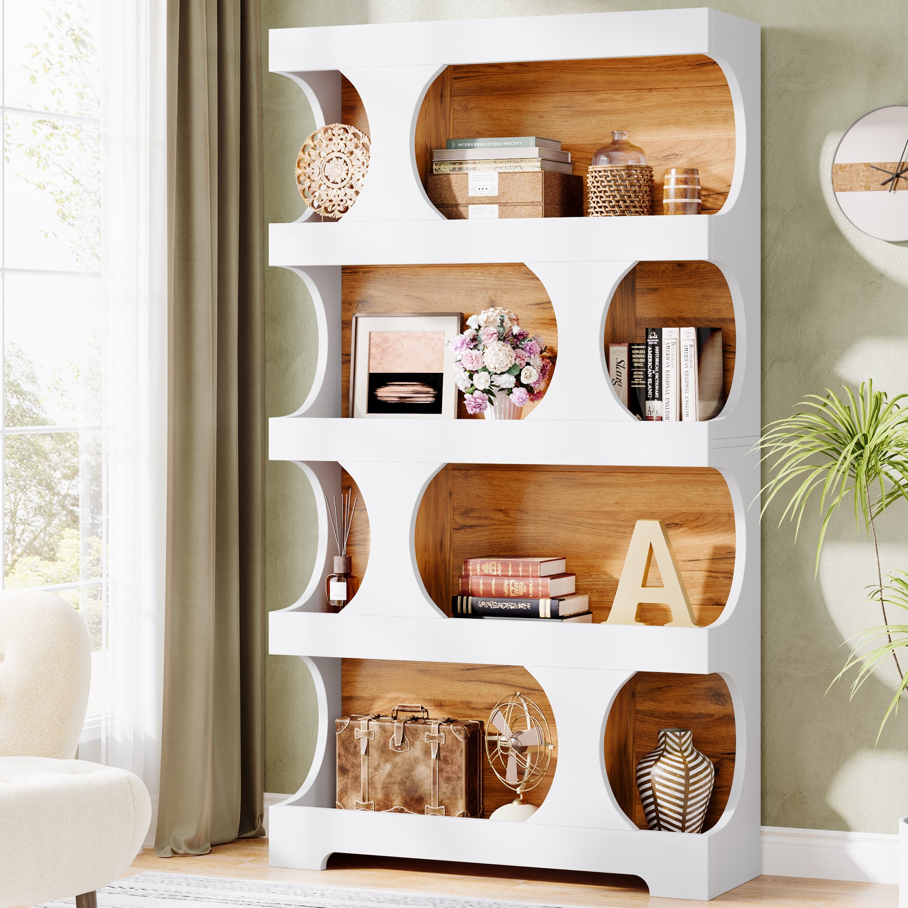 71" Bookshelf, 4-Tier S-Shaped Bookcase Freestanding Display Shelves