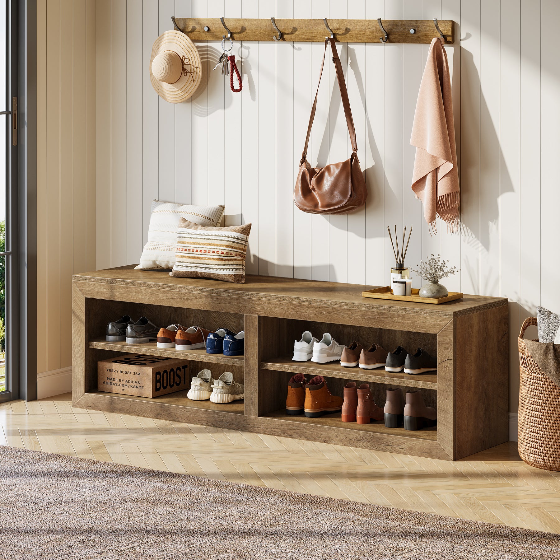 55" Entryway Shoe Bench, Farmhouse Storage Bench with 4 Cube Compartments