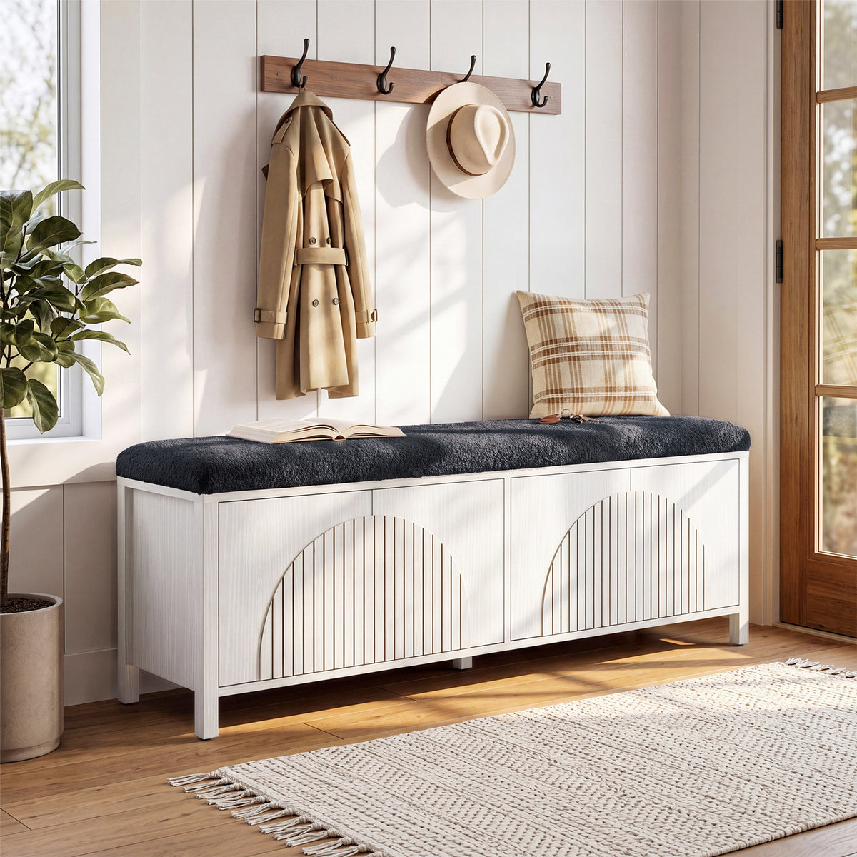 55" Entryway Bench, 2-Tier Shoe Storage Bench with Thickened Padded Seat Cushion