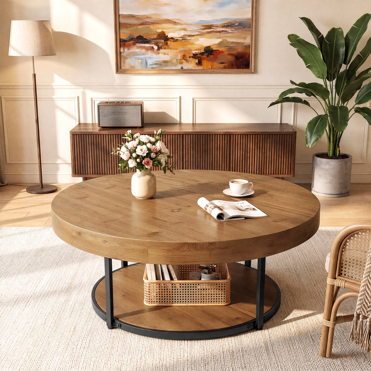 39.17" Solid Wood Round Coffee Table, 2-Tier Center Table with Metal Frame