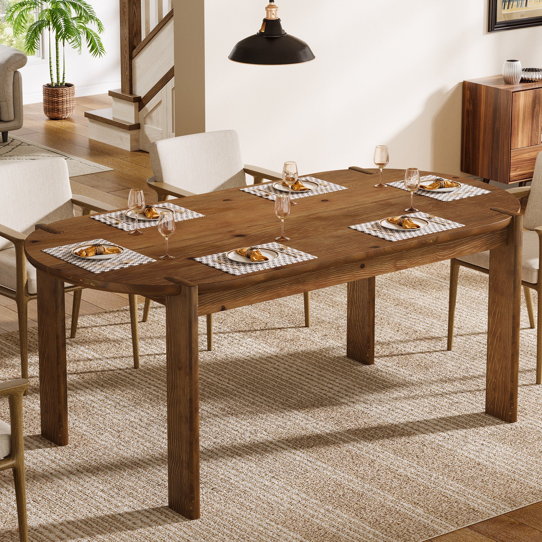 63" Solid Wood Oval Dining Table for 4–6, Farmhouse Wooden Kitchen Table
