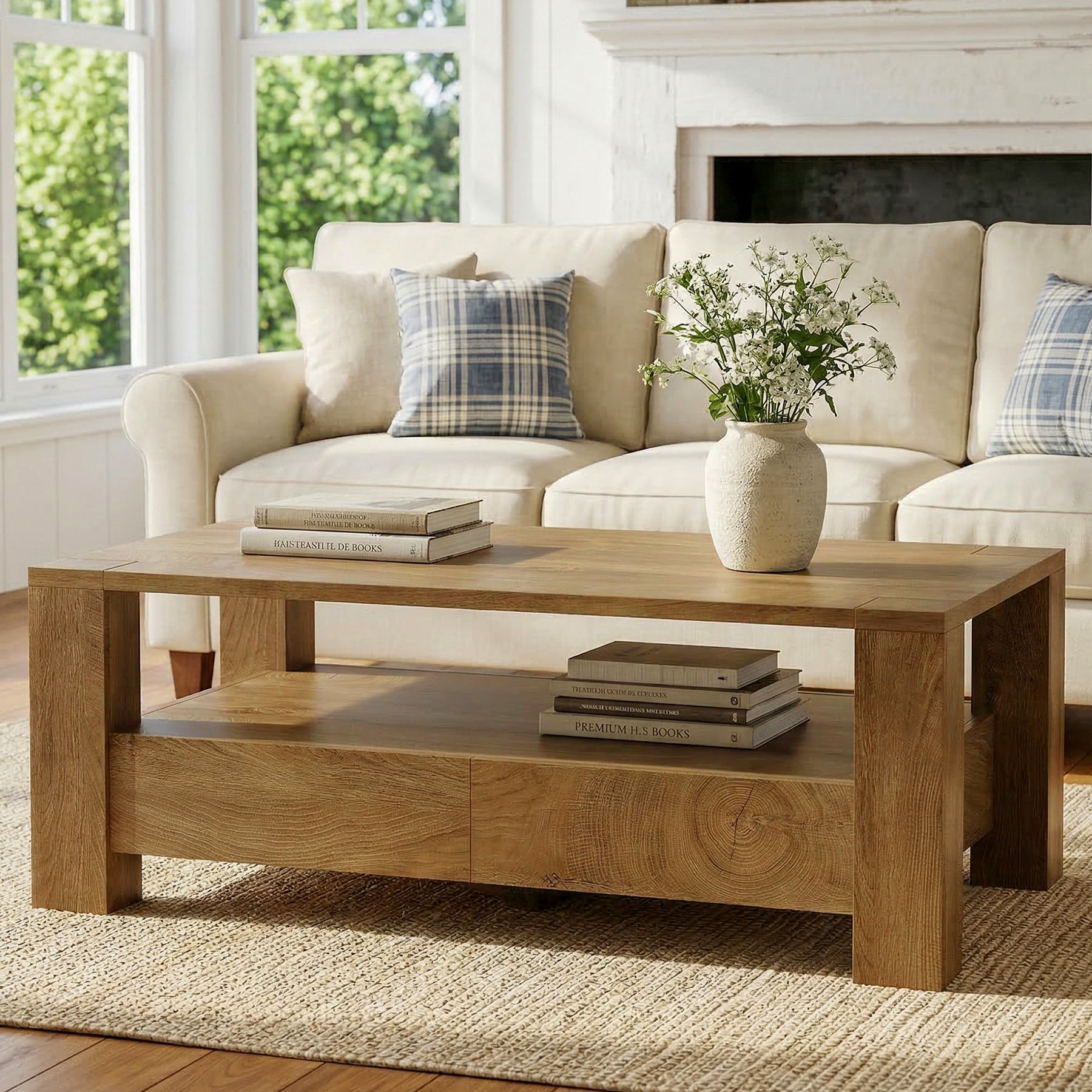 Rectangle Coffee Table, 47" Center Tea Table with 2 Drawers & Open Shelf