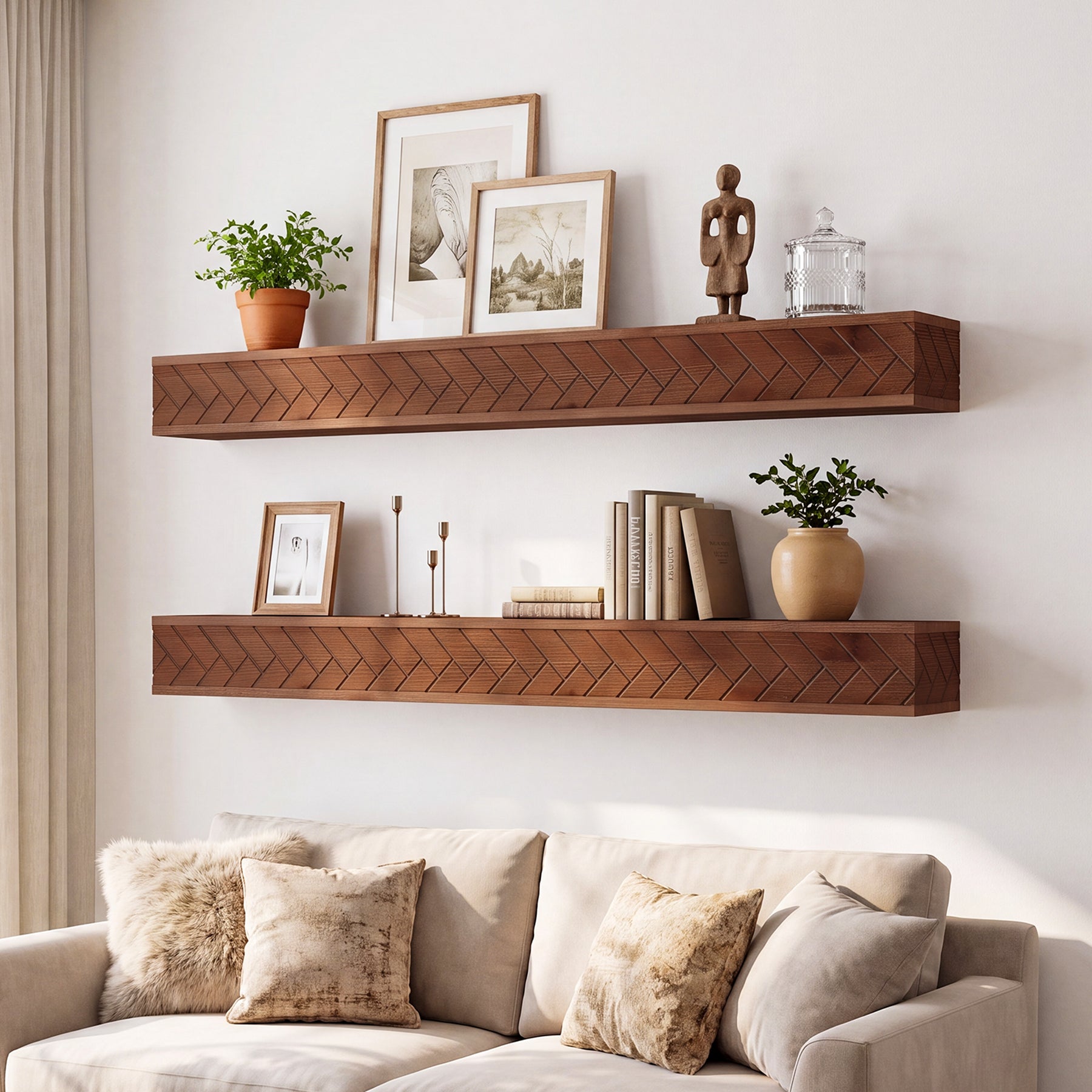 Tribesigns 70.9 Inch Solid Wood Floating Shelf, Hand-Carved Herringbone Wall Display Shelf with Hidden Bracket for Living Room