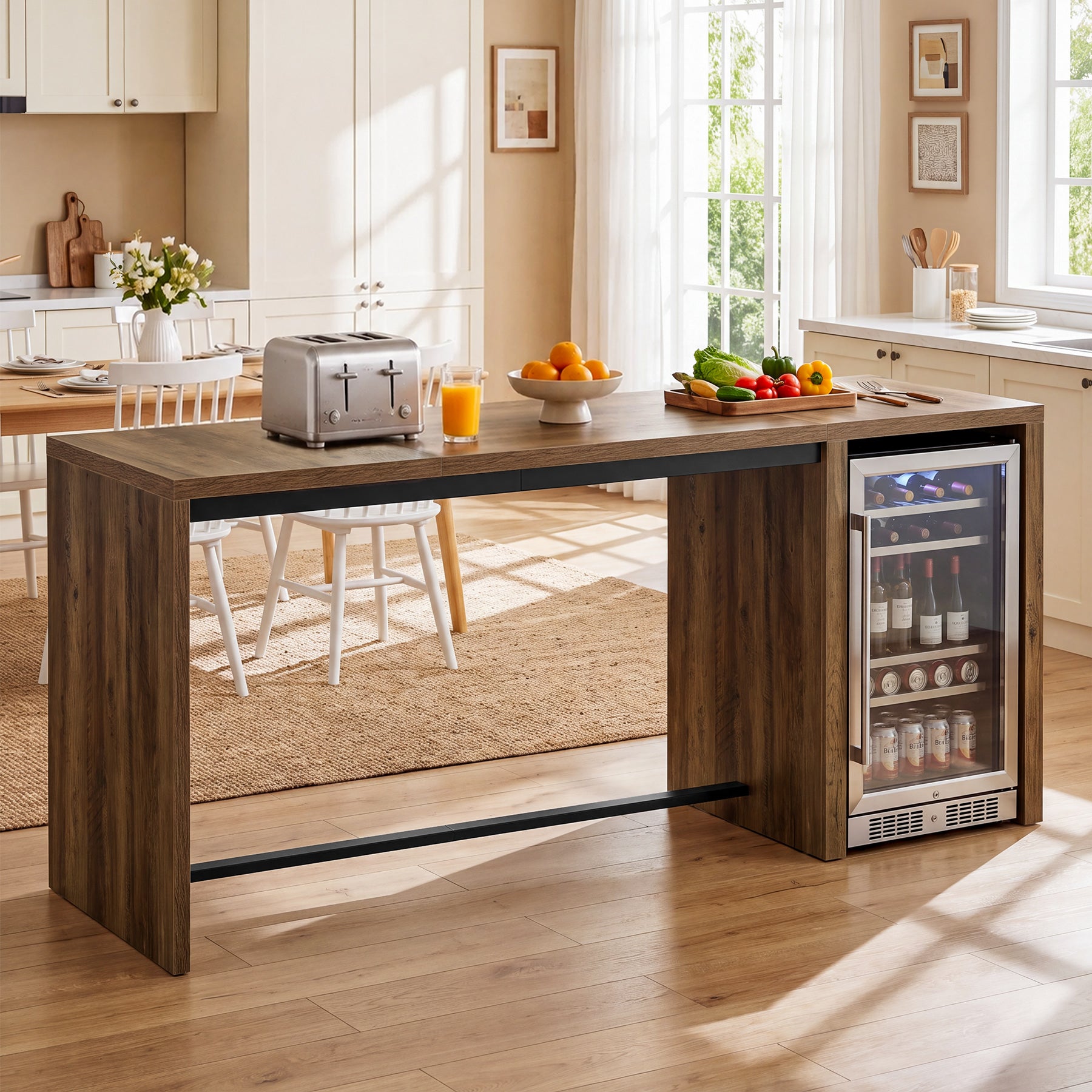 78.74" Kitchen Island, Counter Height Island Table with 2 Shelves & Mini Fridge Space