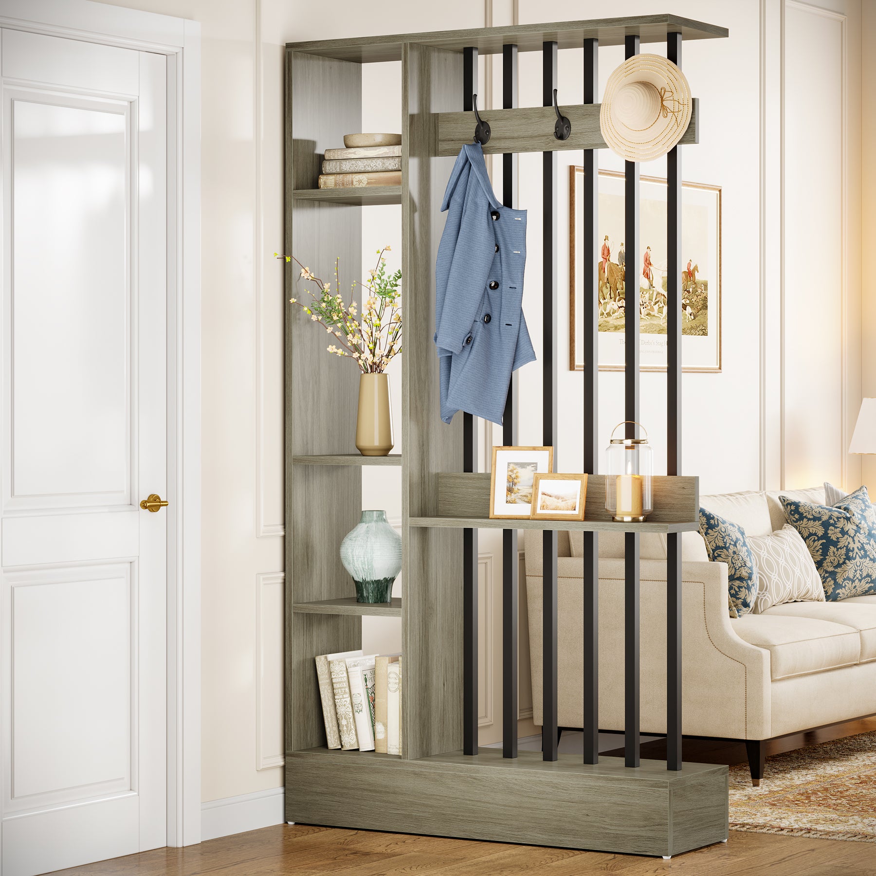 71" Wall Room Divider, Wood Freestanding Wall Partition Bookcase with Coat Hooks