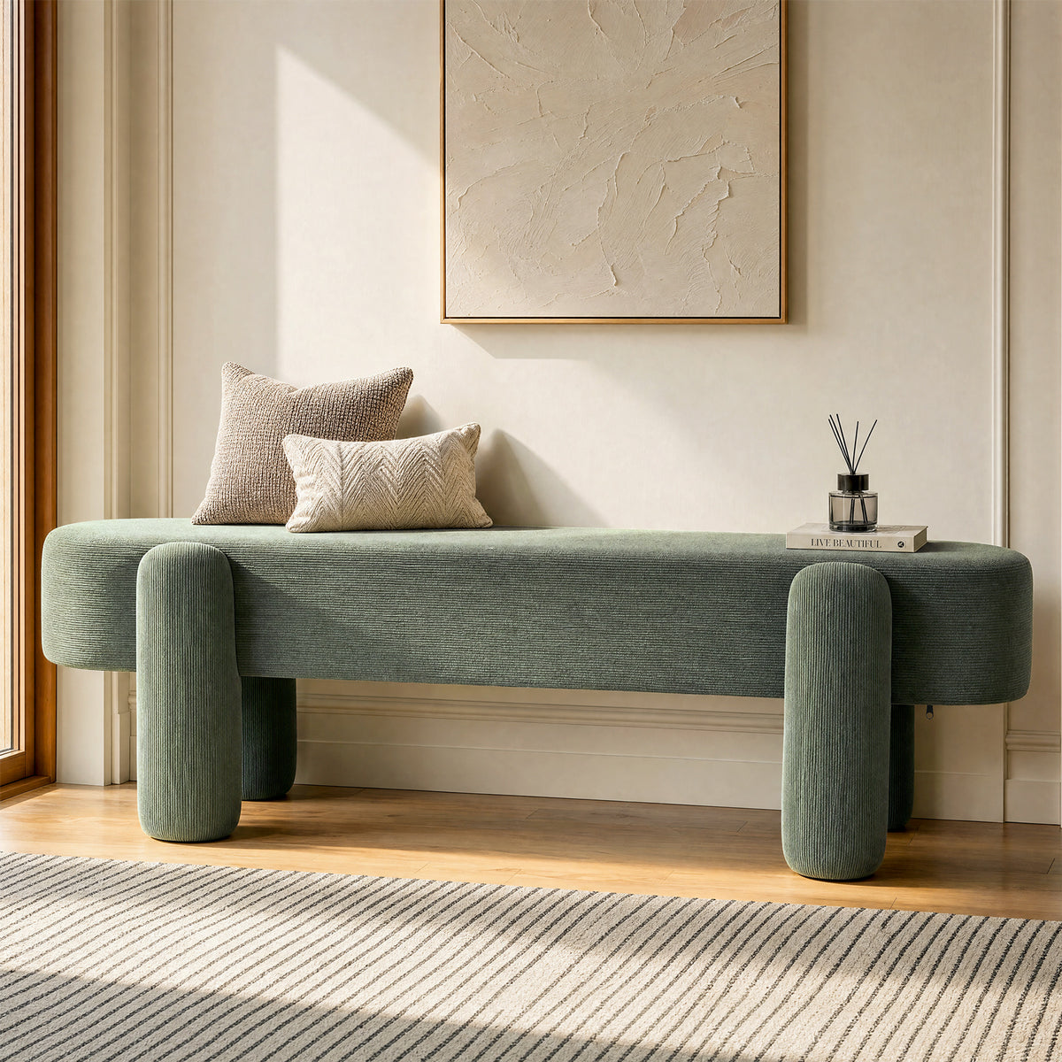 Tufted Upholstered Entryway Bench, Solid Wood Frame, Modern Bedroom Bench
