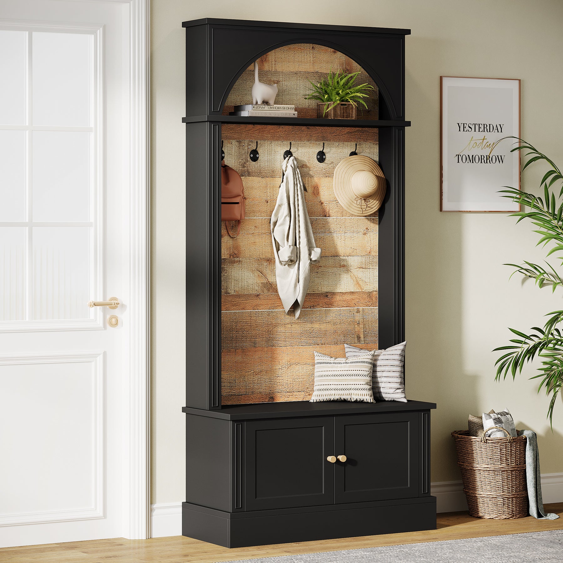 70.8" Hall Tree, 4-in-1 Entryway Coat Rack Shoe Storage with 5 Double Hooks