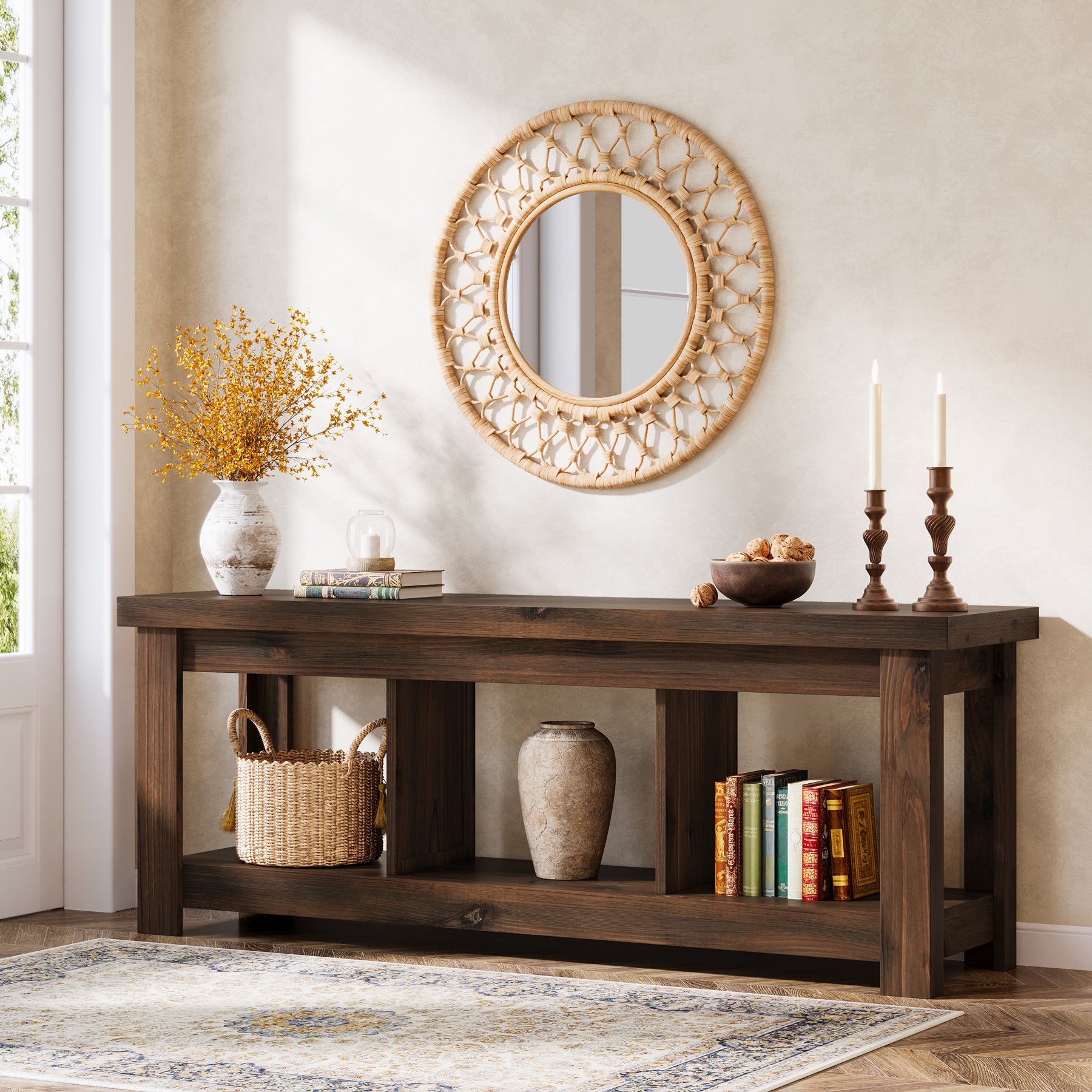 Solid Wood Console Table, 63" Sofa Entryway Table With 3 Open Shelves