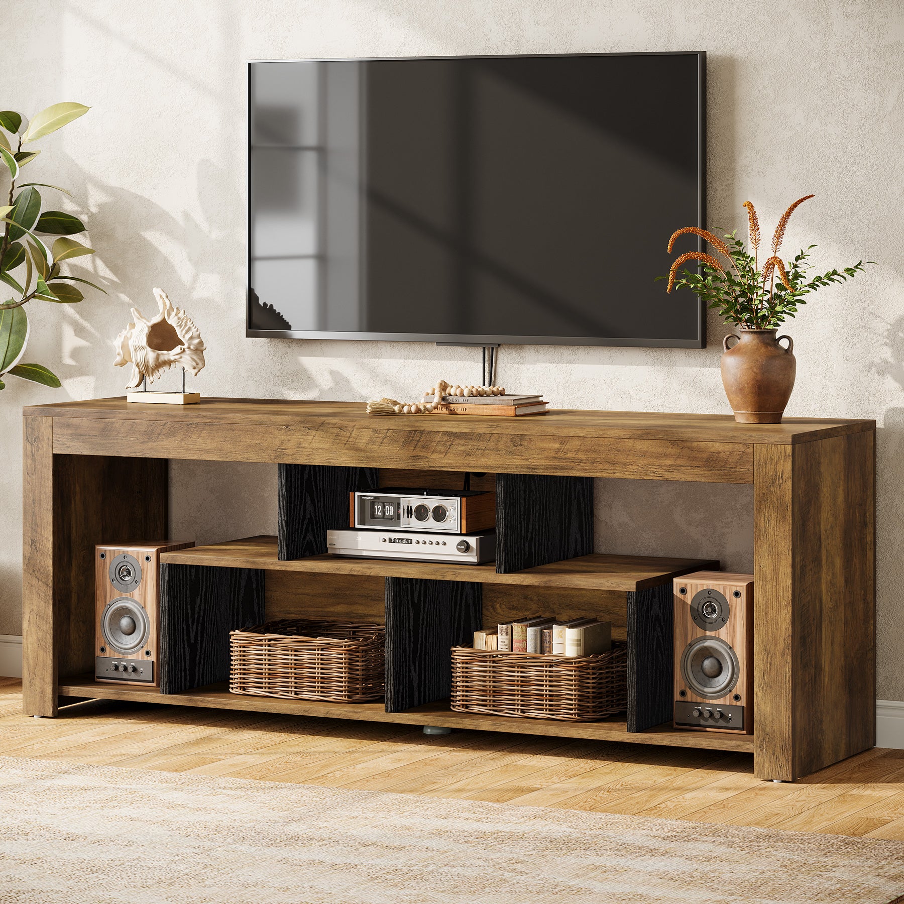 63-Inch TV Stand for 65–75 Inch TV, Rustic Wooden Media Console with Storage Shelves