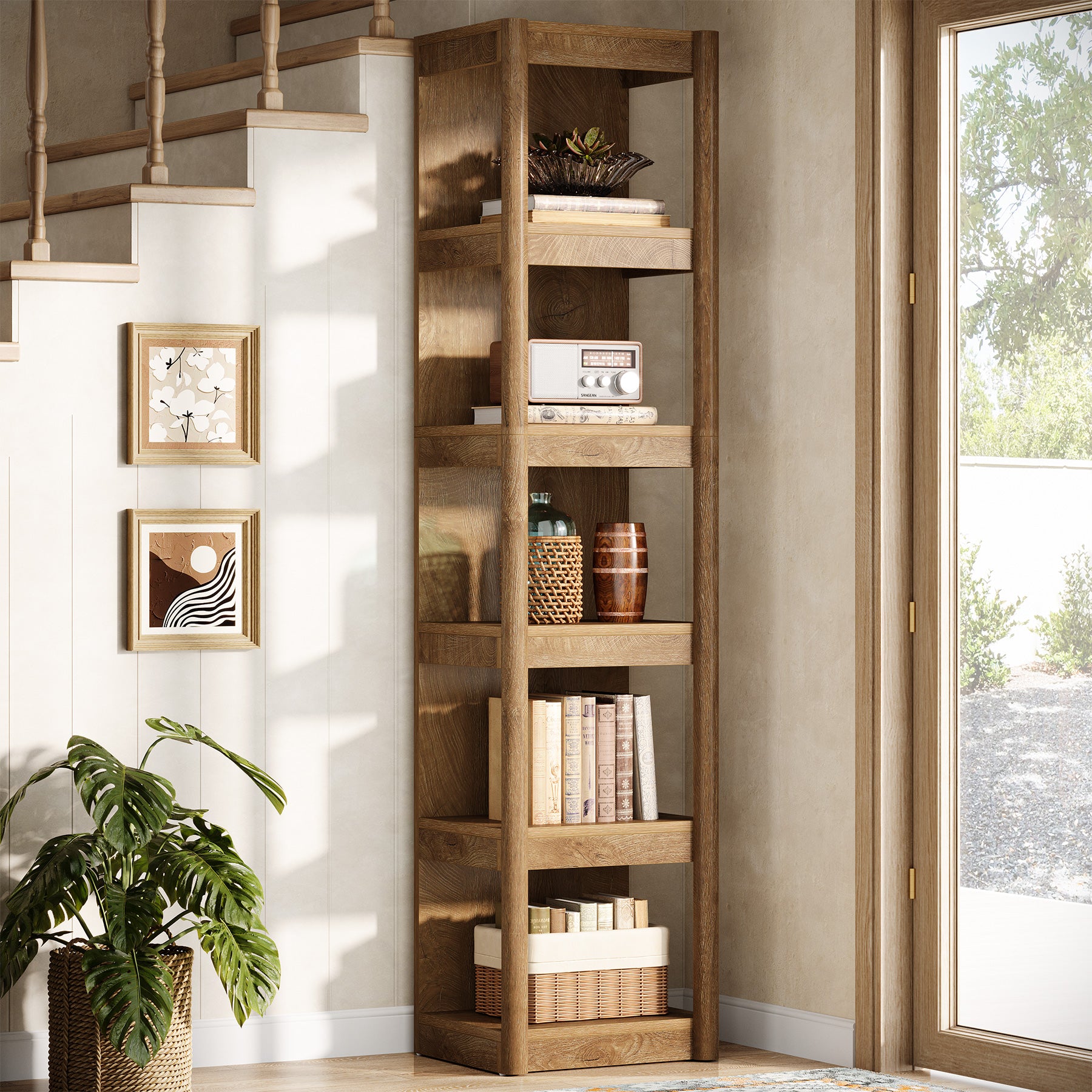 5-Tier Narrow Bookcase, 70.9" Farmhouse Bookshelf with Open Storage Rack