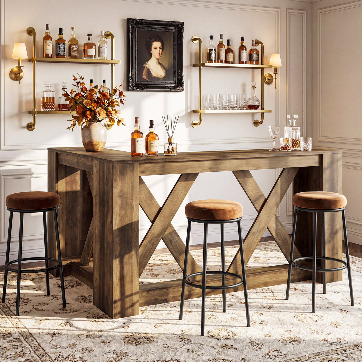 63" L-Shaped Bar Table, X-Cross Frame, Farmhouse Corner Pub Table