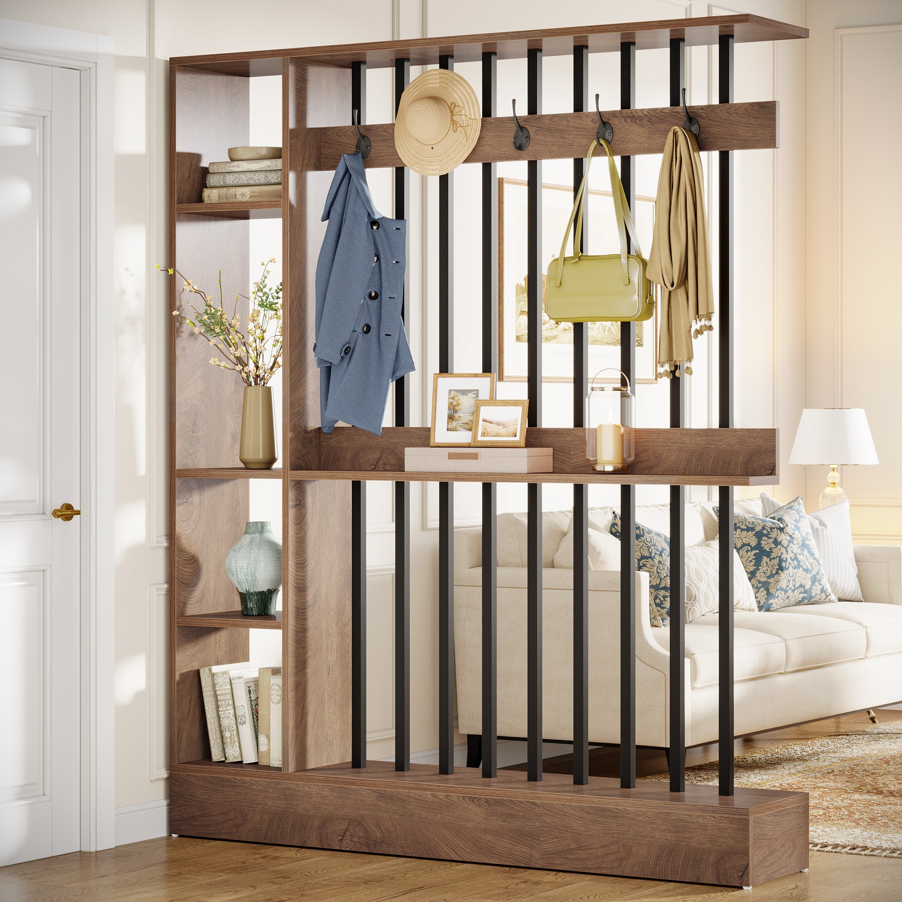 71" Wall Room Divider, Modern  Room Partition with Shelves & Coat Hooks for Entryway