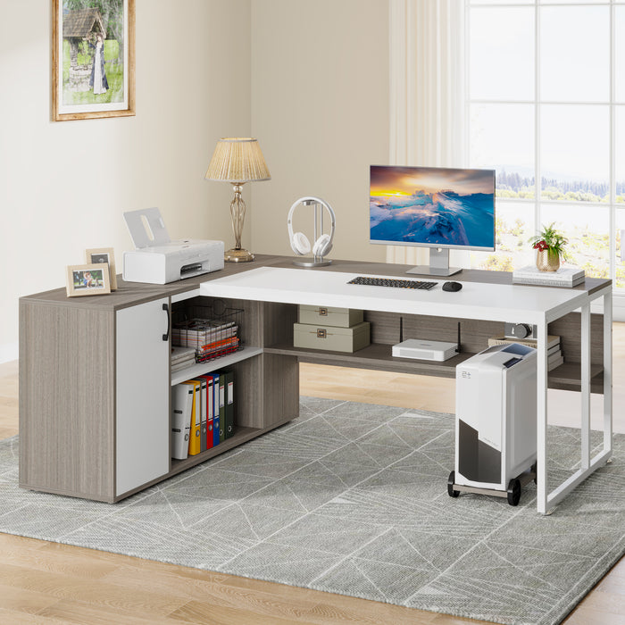 Large L-Shaped Desk, 71 inch Executive Desk with Shelves & Cabinet