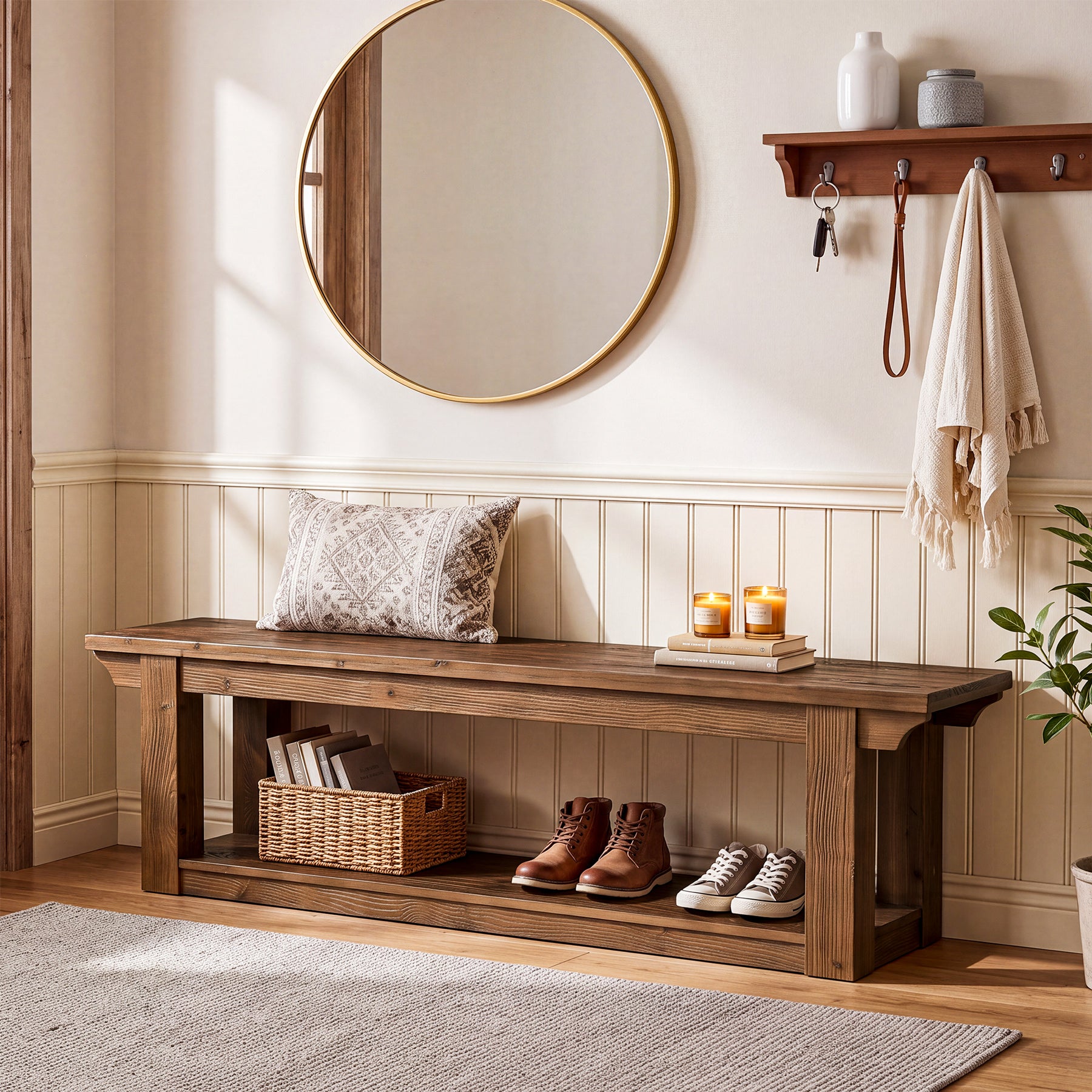 63" Entryway Shoe Storage Bench, Farmhouse Solid Wood 2-Tier, Hallway Bedroom