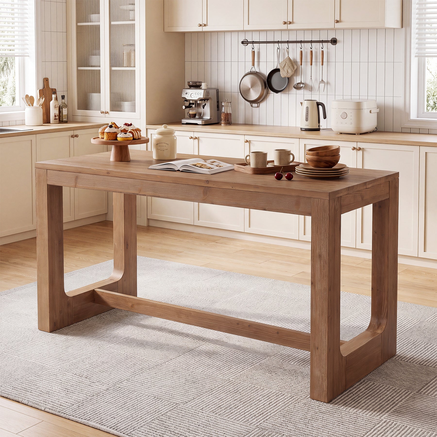 63" Solid Wood Kitchen Island, Dining Room Table with Sturdy Construction
