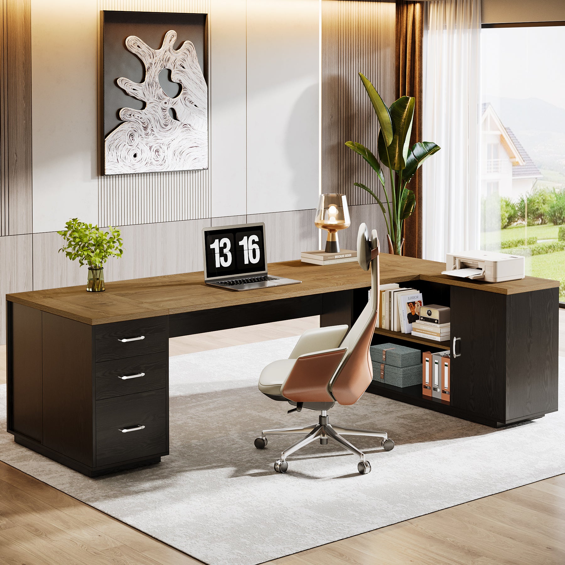 85.8" Executive Desk, L-Shaped Office Desk Computer Desk with File Drawers