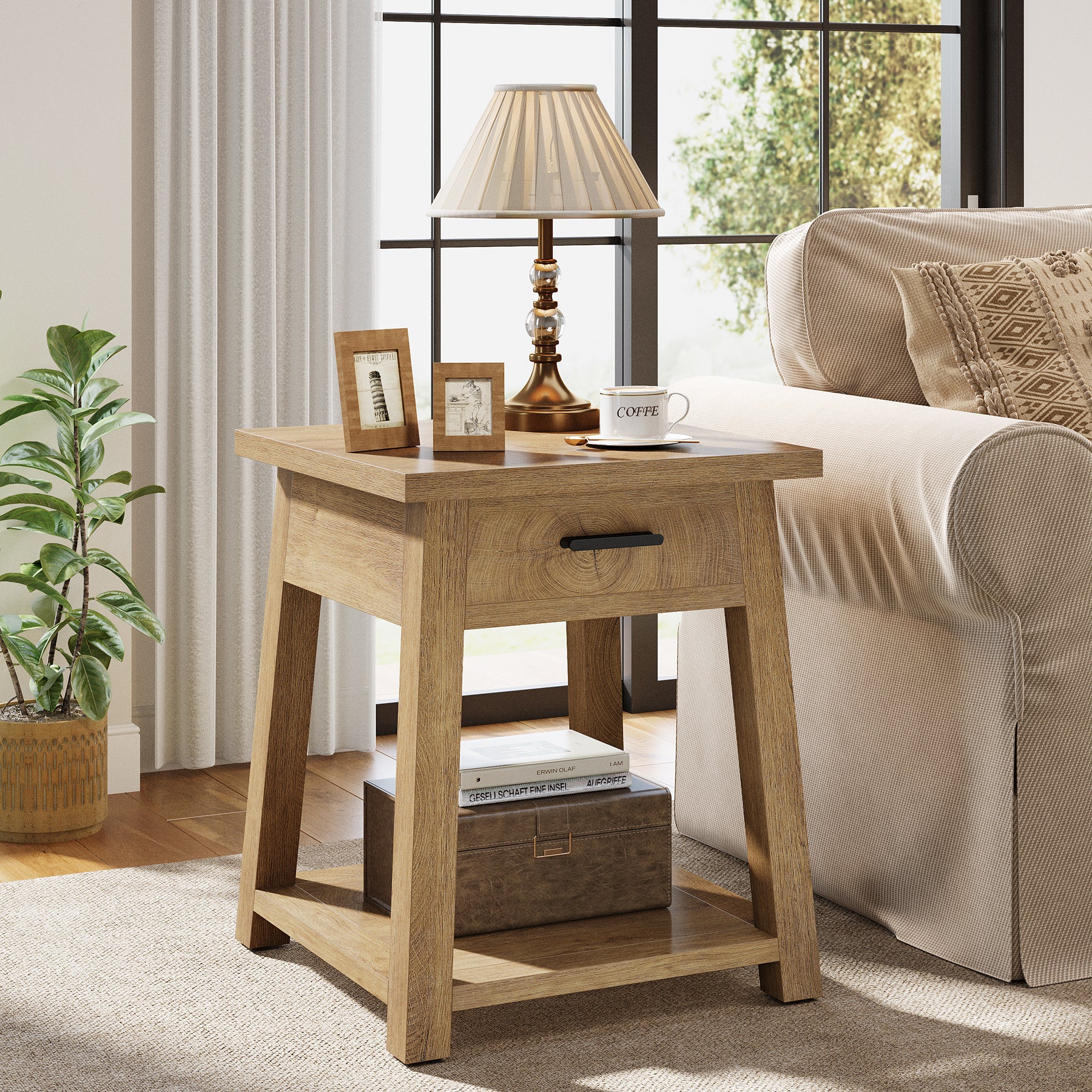 End Table with Drawer, 2 -Tier Wooden Side Table with Shelf Storage