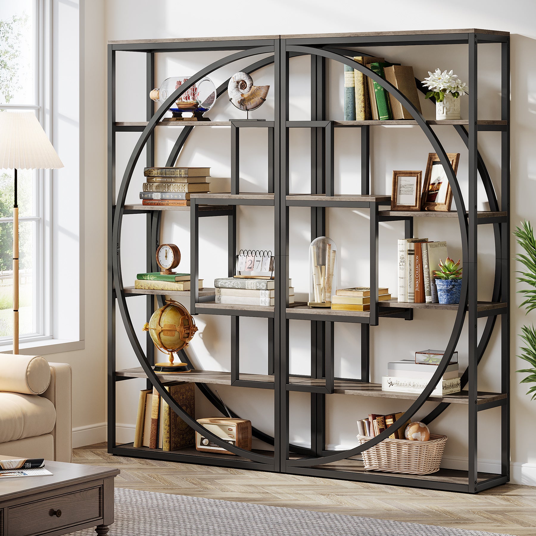 70.8” Tall Modern Geometric Bookcase, 5-Tier Etagere with 8 Open Shelves