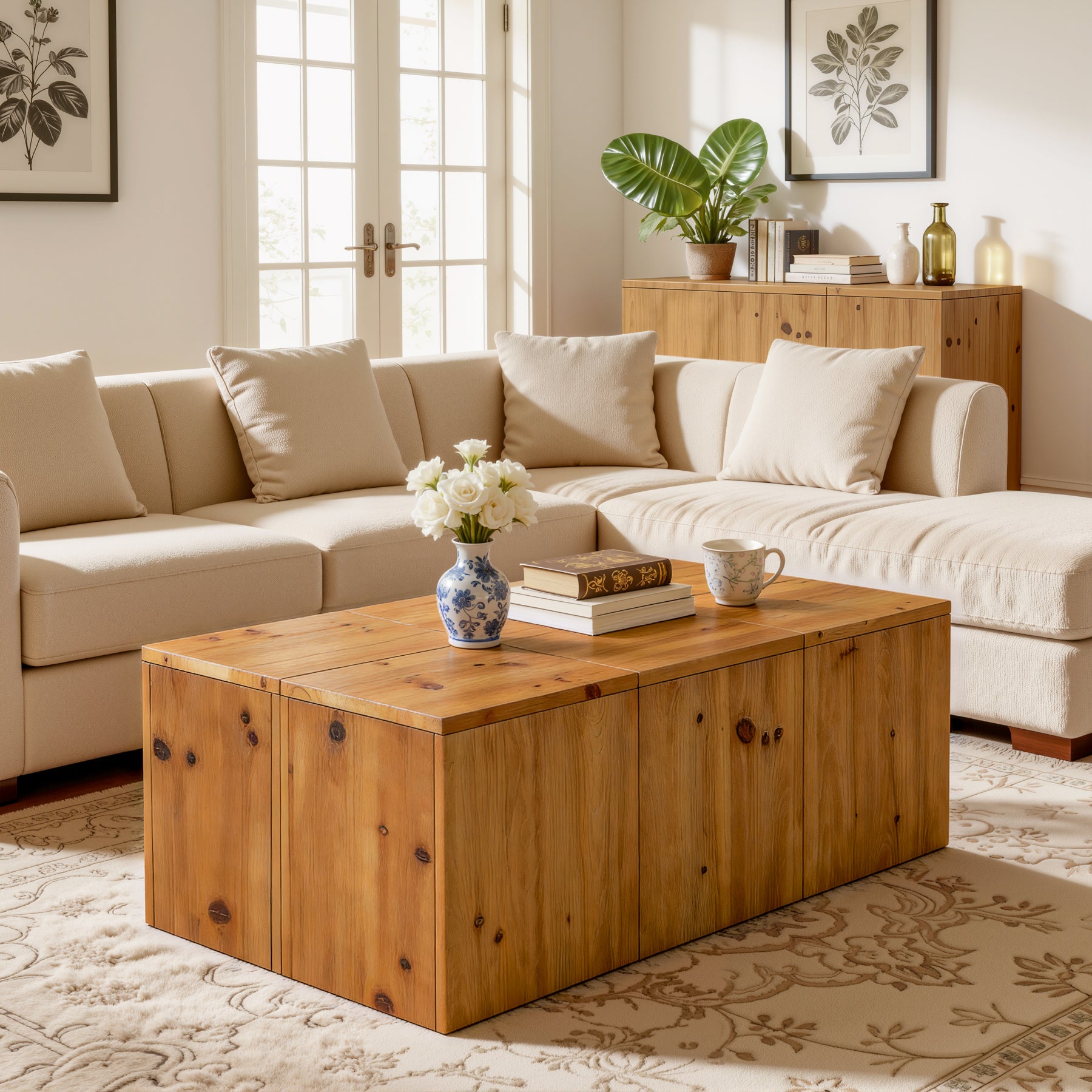 47" Rectangle Coffee Table, Solid Wood Center Table with Natural Wood Grain