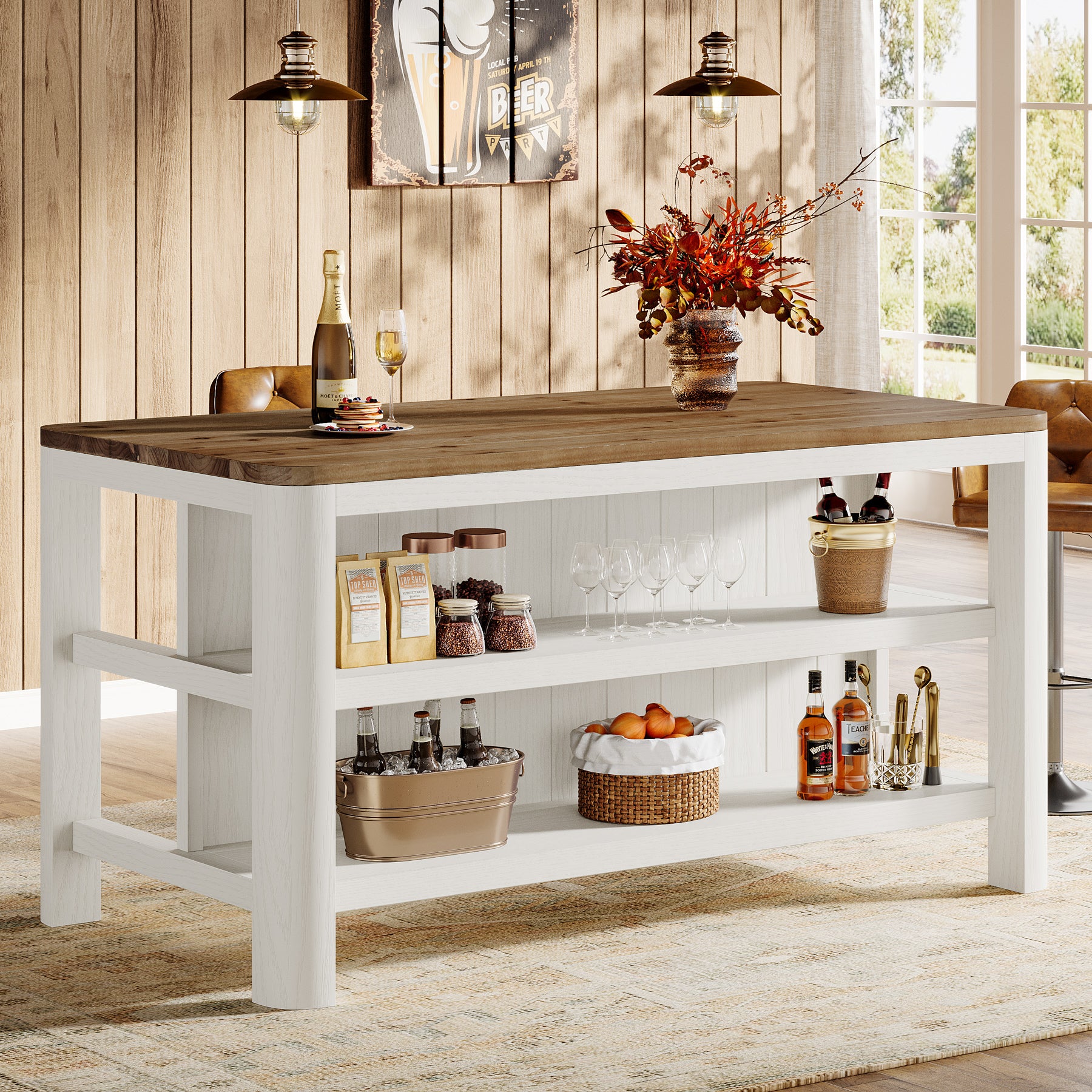 Solid Wood Bar Table, 63" Counter Height Pub Table with Storage Shelves