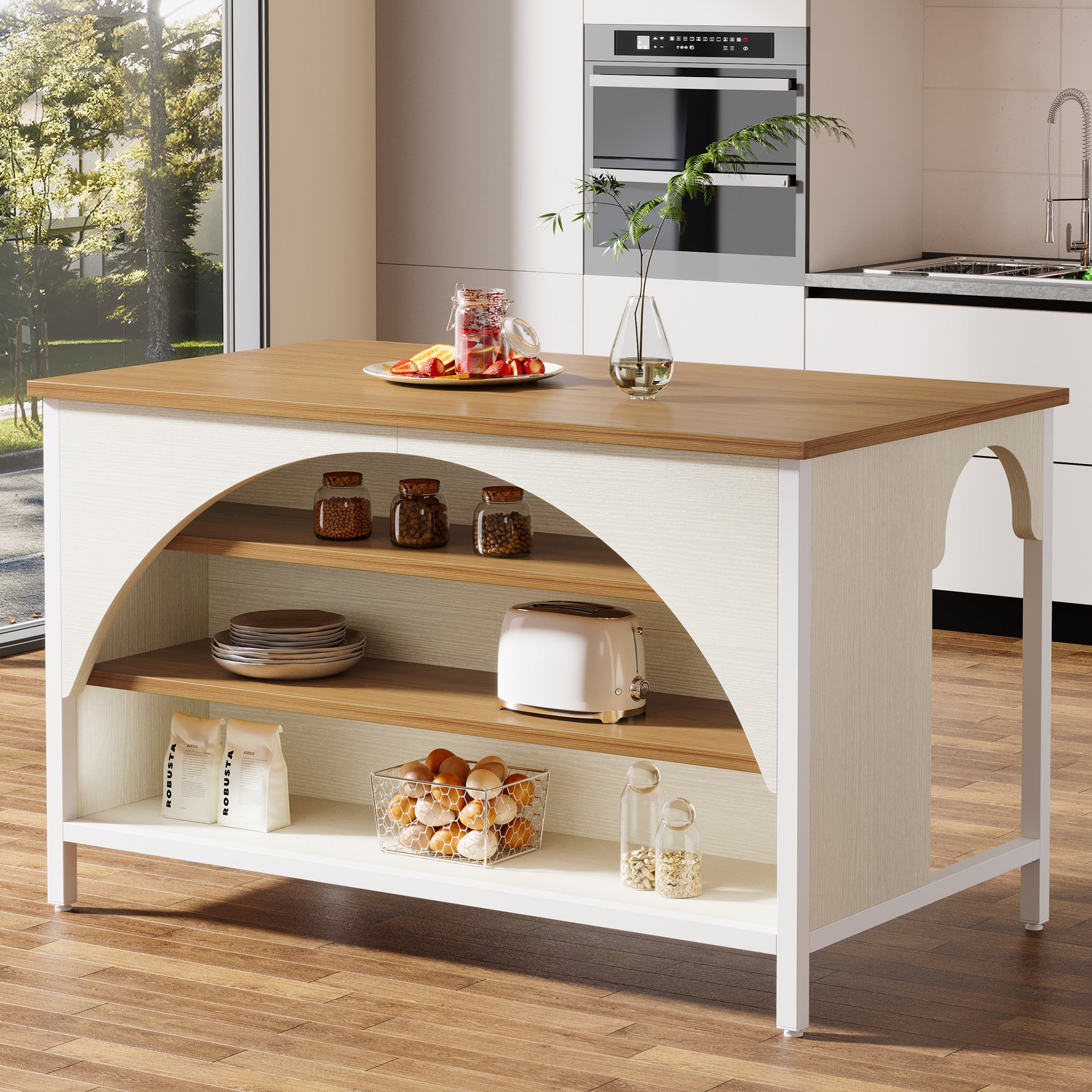 Kitchen Island with 3 Storage Shelves, 55" Kitchen Shelf with Large Countertop