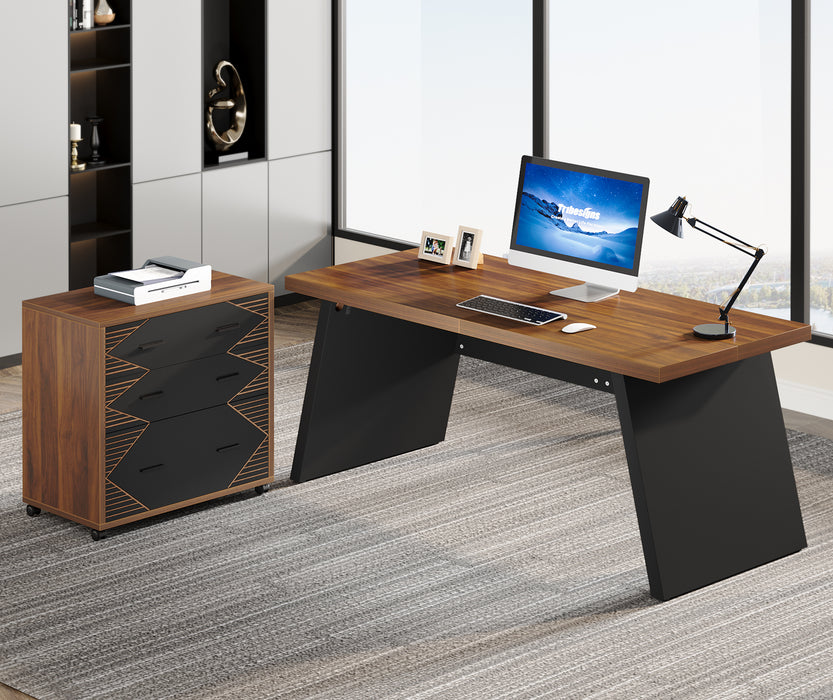 62" Executive Desk, L-shape Computer Desk with File Cabinet