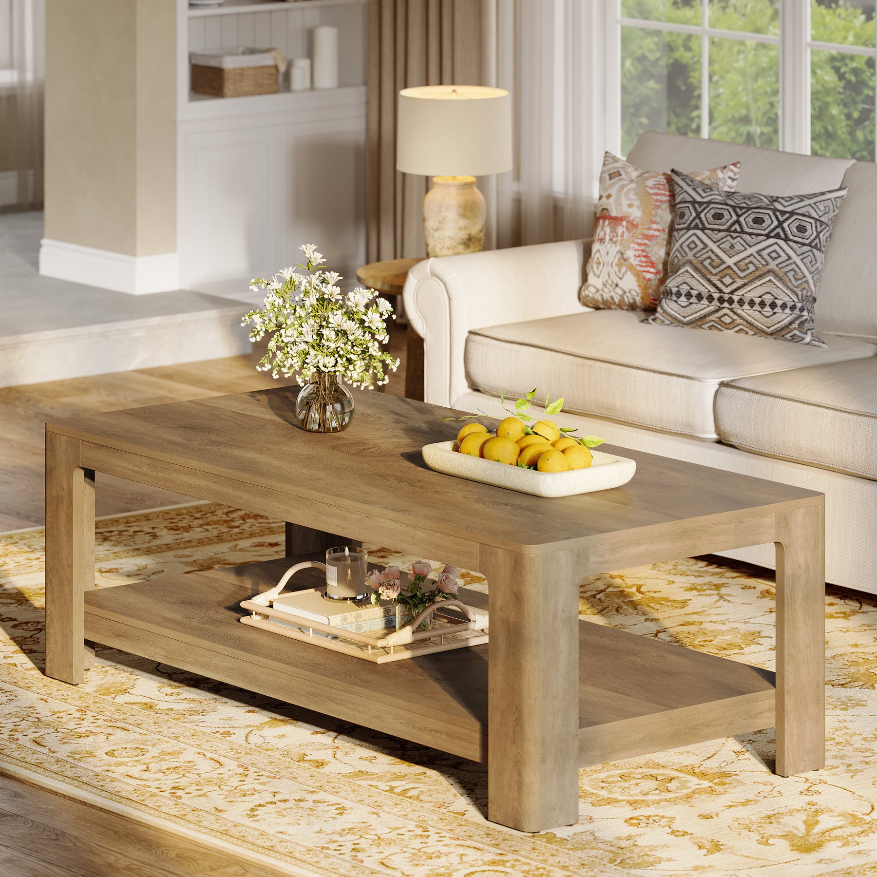 47.24" Rectangular Coffee Table with 2-Tier Storage, Wood Center Table for Living Room