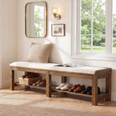 63" Solid Wood Entryway Shoe Bench, 2-Tier Upholstered End of Bed Bench with Cushion 3