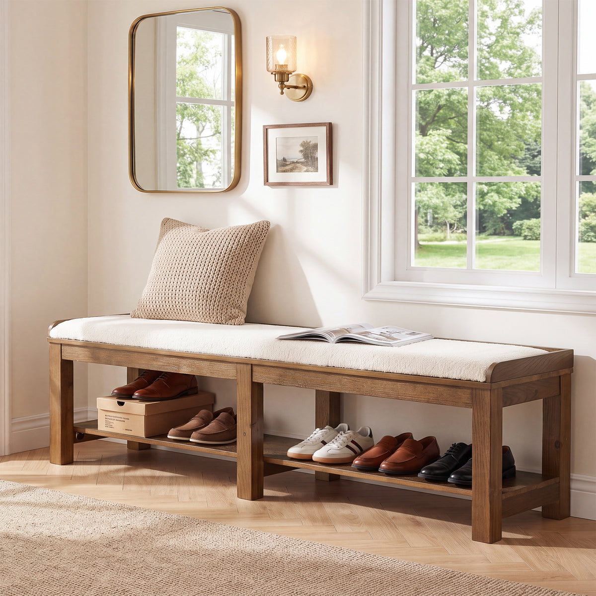 63" Solid Wood Entryway Shoe Bench, 2-Tier Upholstered End of Bed Bench with Cushion